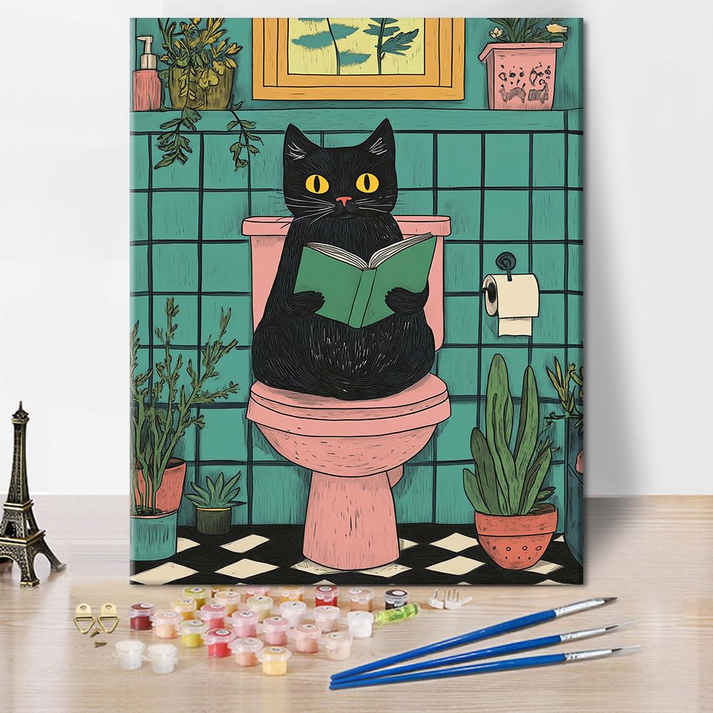 TISHIRON Cat Paint by Numbers Kit for Adults Beginners DIY Cat Reading Toilet Paint by Numbers Kits on Canvas Oil Painting Kit for Adults Drawing Paintwork Home Wall Decor Without Frame 16x20 Inch