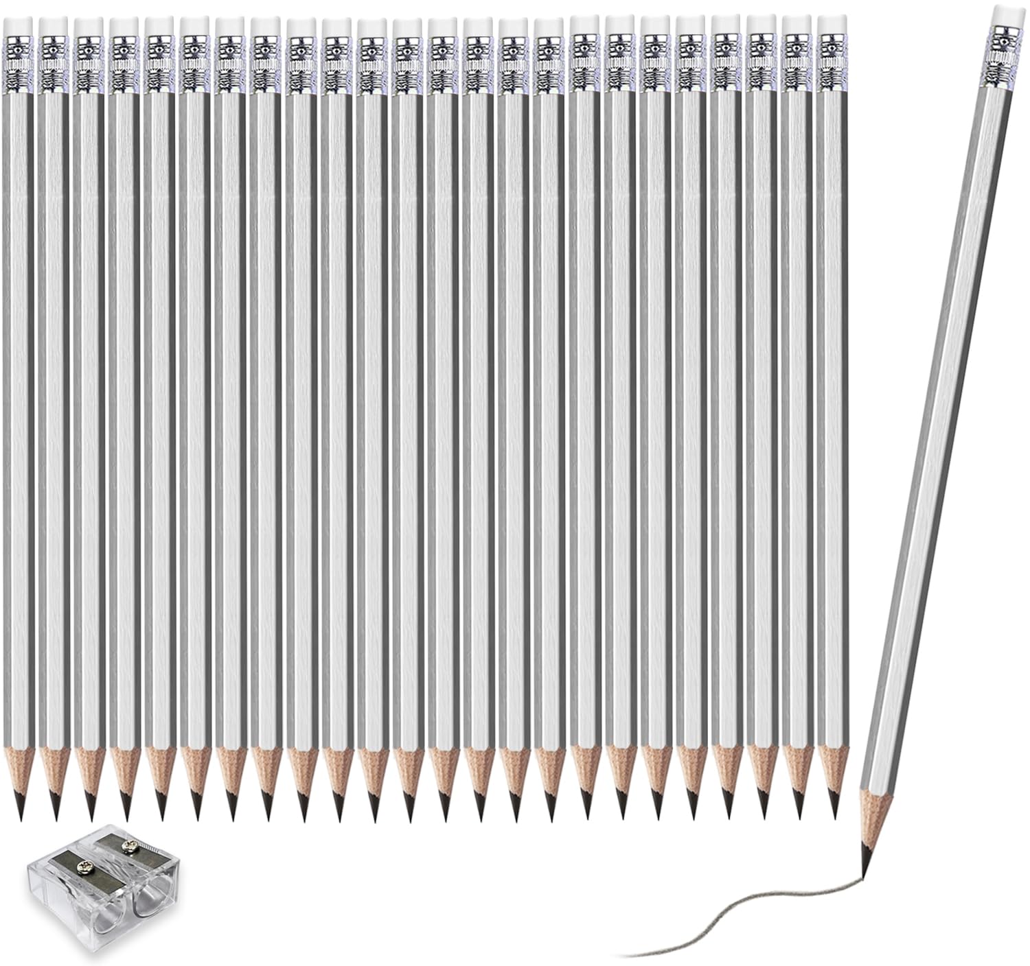 Adhere Wood-Cased pencils Pre-Sharpened 2B Pencils with Eraser, 25-Pack with free Sharpener ideal for home, office, or classroom writing (Silver)