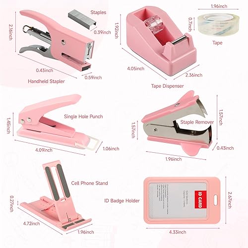 Miniatura 3 de Kit de accesorios de escritorio rosa, juego de suministros de oficina, grapadora y removedor de grapas, soporte para tarjetas de identificación,