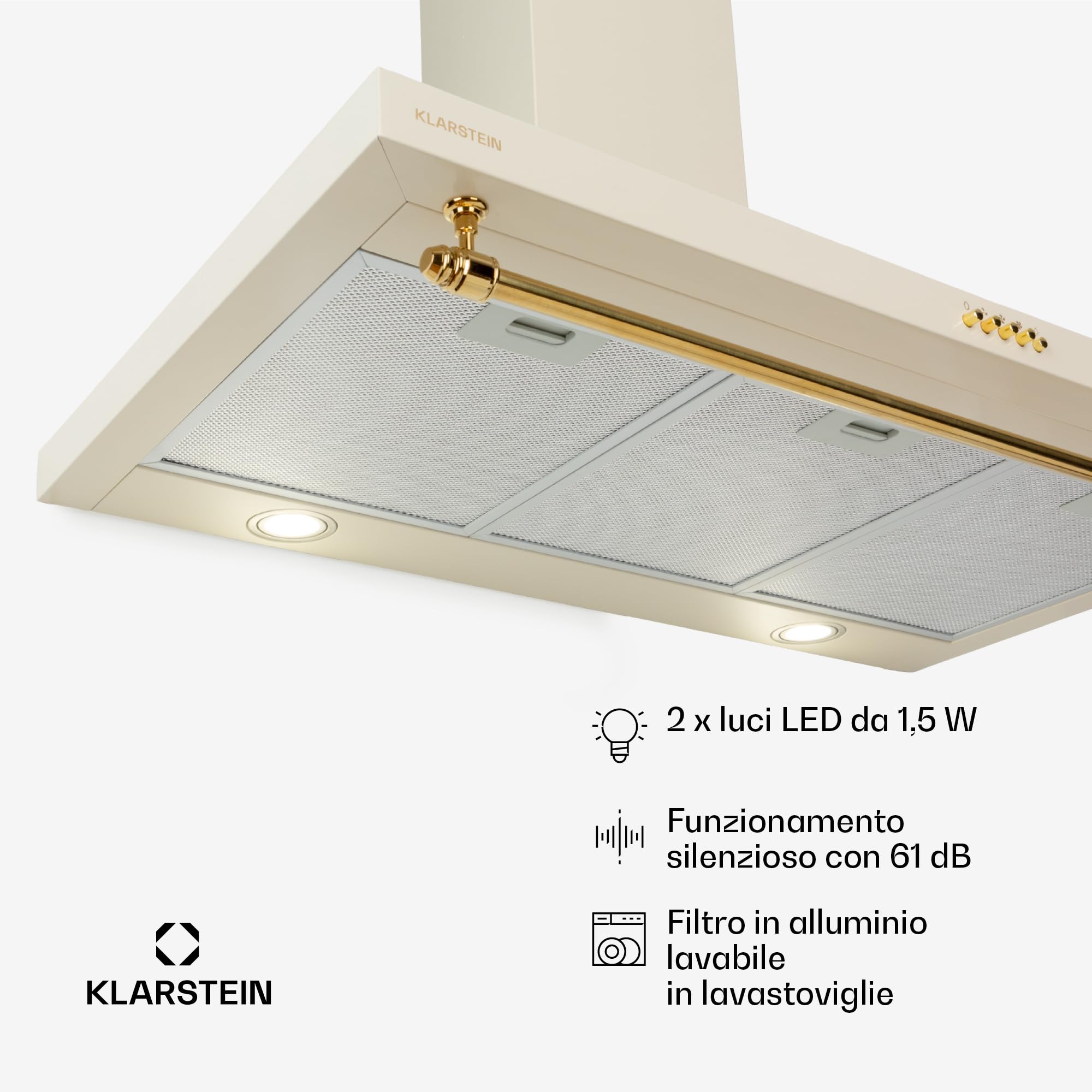 Klarstein Cappa Aspirante 90 cm, Cappa Cucina 90cm, Ventola Cappa Cucina in Acciaio Inox a Parete, 591.5m³/h, LED, Cappa Aspirante Filtrante Classe A, Cappa Aspirante Cucina con Filtro per Cappa