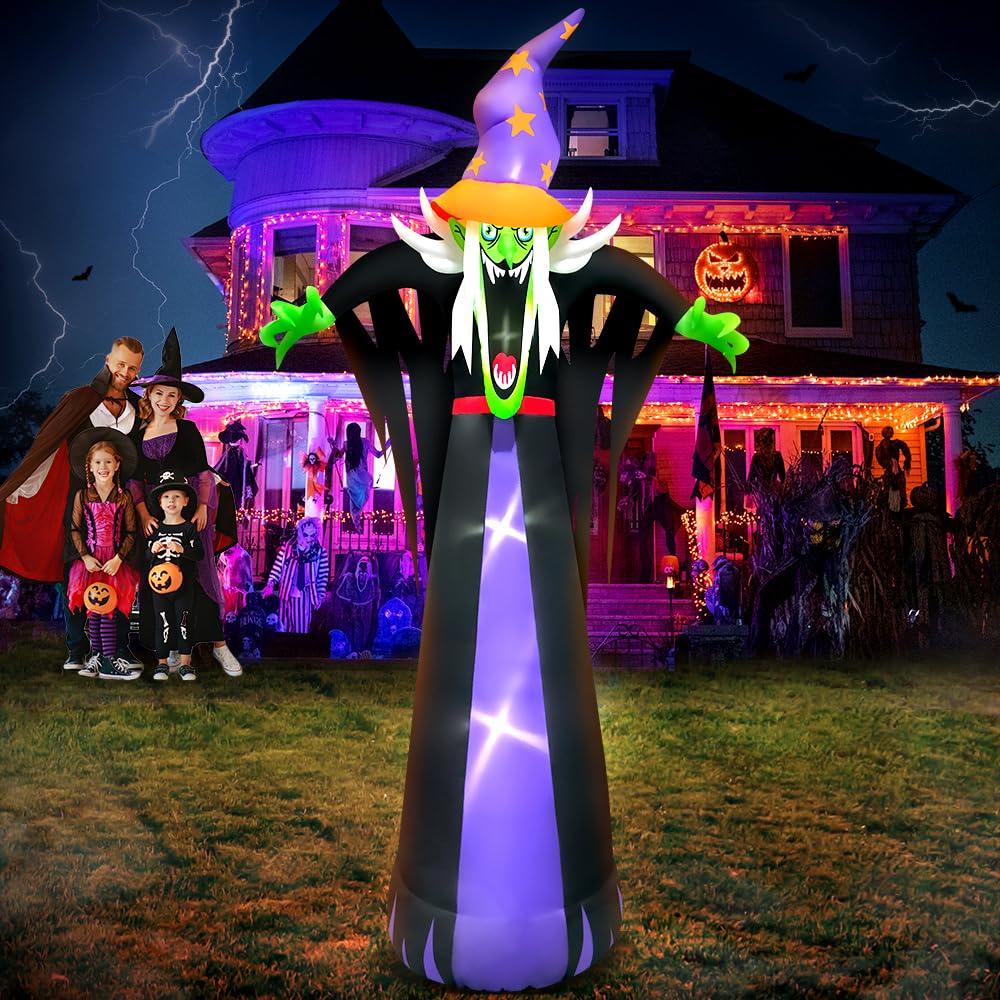 10FT Halloween Inflatables Scary Witch Hat with Hat Decoration with Led Light Light up Outdoor Decorations Blow up Inflatables for Halloween Holiday Party Lawn Yard Garden Décor