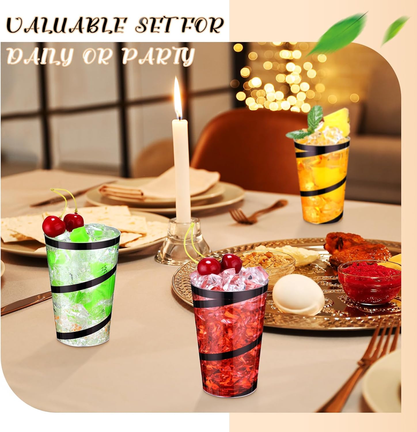 Bokon 100 Pcs 12 oz Rimmed Swirl Clear Plastic Cups with Rim Fancy Disposable Tumblers Cups Plastic Wine Glasses Elegant Wedding Tumblers for Party Holiday(Black Swirl)