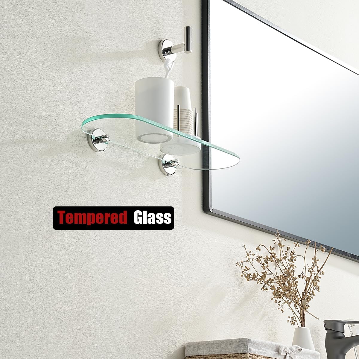 JQK Bathroom Glass Shelf Chrome, Tempered Glass Shower Storage 16 by 5 inches, 304 Stainless Steel Polished Chrome Wall Mount, TGS121L16-CH