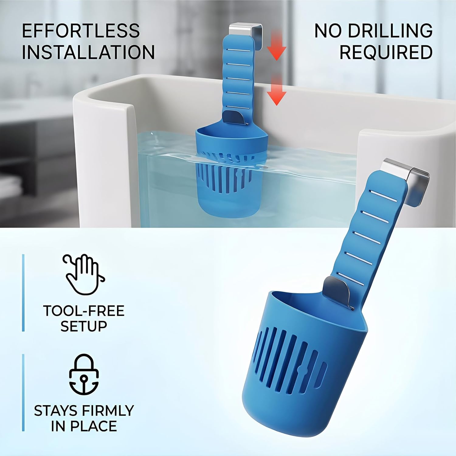 Adjustable Toilet Tank Tablet Holder, Hanging Controlled Release Bleach Tablet Dispenser, Large Silicone Basket Carrier with Rustproof Hooks for Toilet Tank, Fit Up to 7" Water Level,2pcs blu