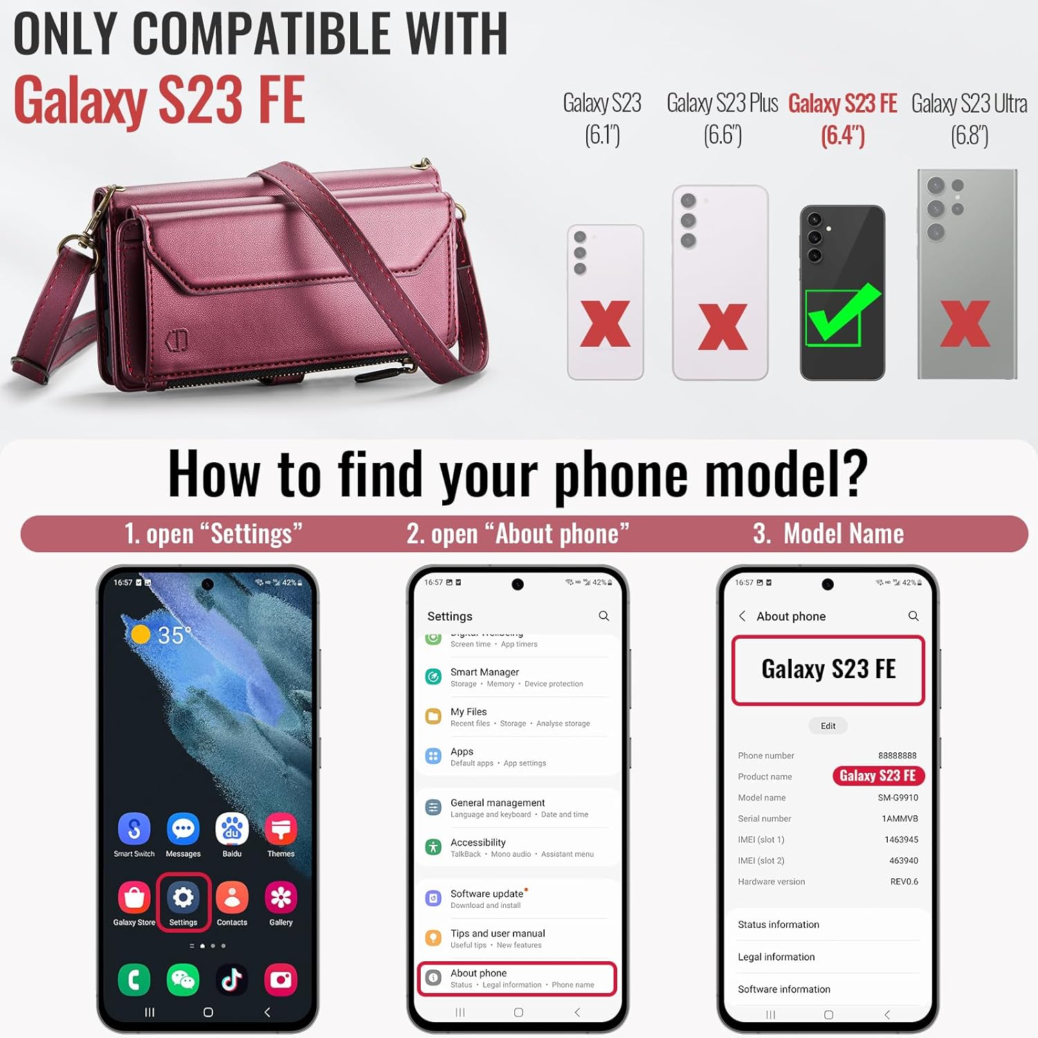 Strapurs Crossbody Wallet Case Compatible with Samsung Galaxy S23 FE 5G RFID Blocking 10-Card Holder Soft PU Leather Magnetic Snap Strap Zipper Pocket Phone Case Fit for Galaxy S23 FE 6.4" - Wine Red