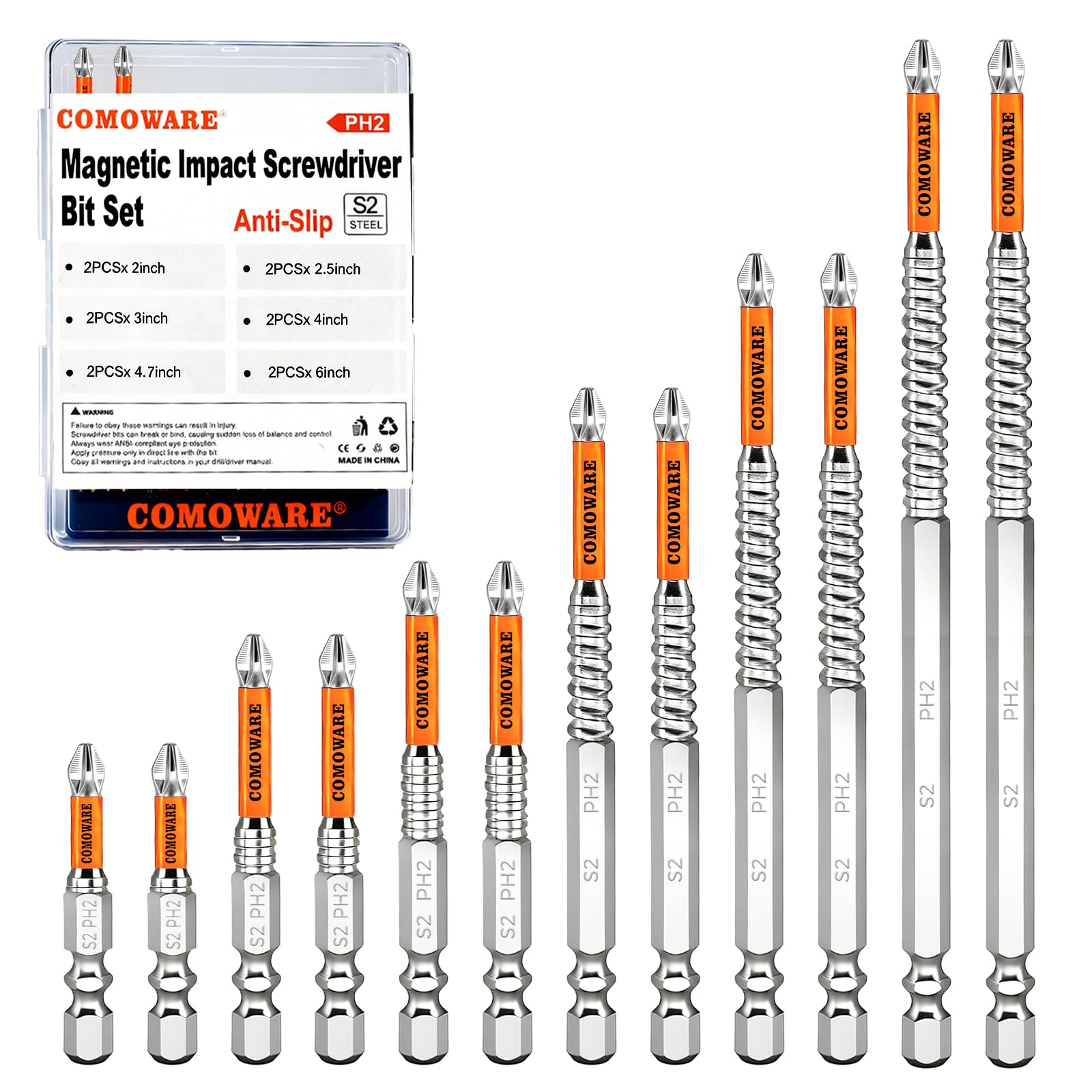 COMOWARE High Magnetic Screwdriver Drill Bit Set, 12PCS, #2 Anti-Slip Long Phillips Bits, S2 Steel, Chrome Plated for Rust Resistance, 2–6" Magnetic Impact Bits for Power Drill