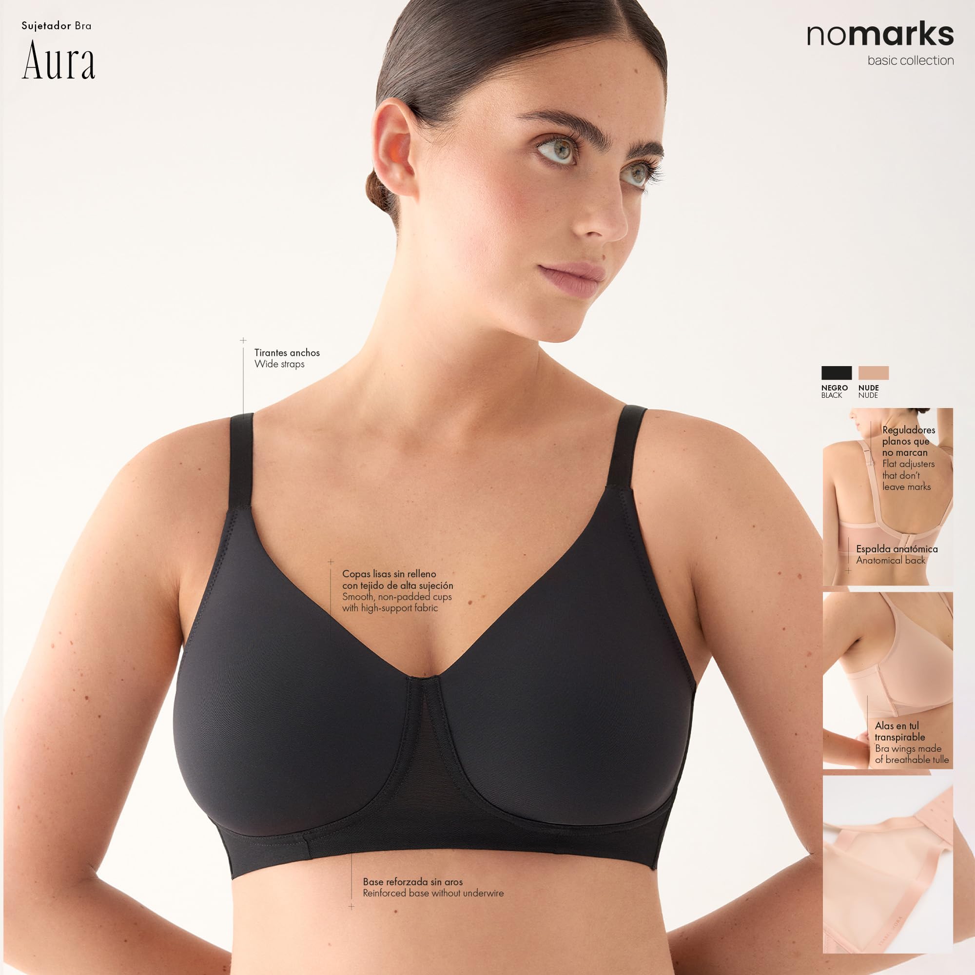 YSABEL MORA Sujetador Reductor sin Aro sin Relleno. Colección nomarks, Modelo Aura. Favorece el Bienestar Diario y la Libertad de Movimiento. Estampado Liso.