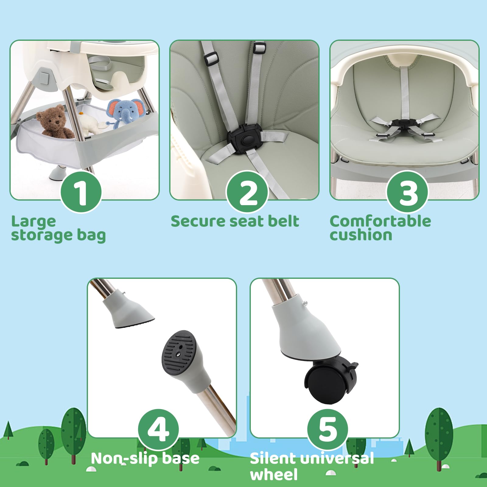 Trona Plegable para Bebé con Bandeja Extraíble y Ruedas,Altura Regulable,Combinación de Funciones para Bebés y niños Pequeños