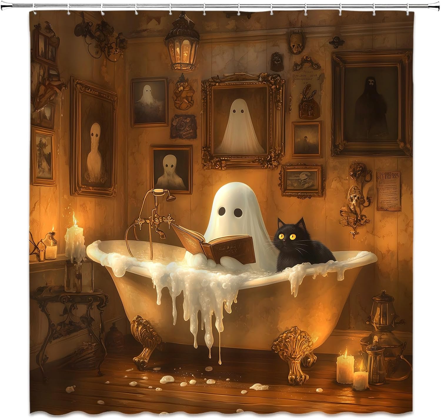 Spooky Halloween Shower Curtain Funny Ghost Black Cat Bathtub BubbleHorror Gothic Holiday Ambience Polyester Fabric Bathroom Decor Set with Hooks(70" Wx84 H)