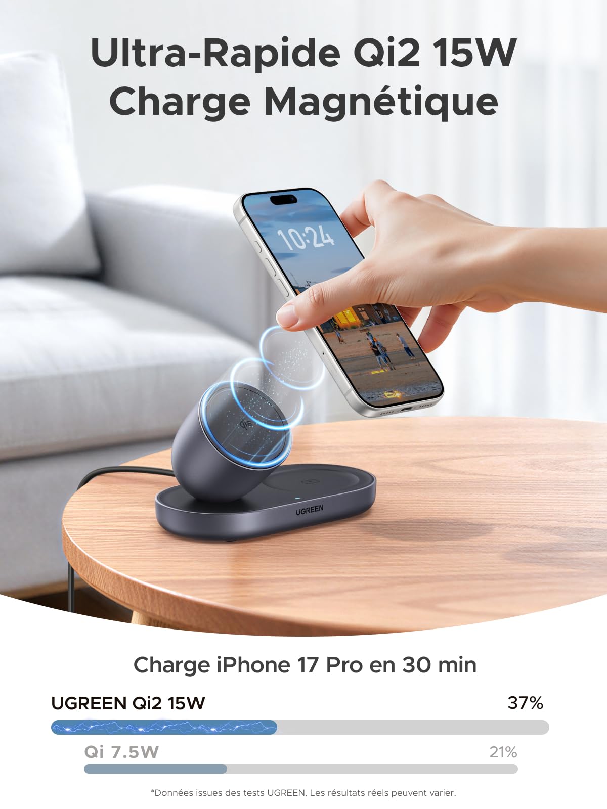 UGREEN Zapix Chargeur Induction iPhone MagSafe Qi2 15W Certifié Compatible avec iPhone 17 16 15 14 13 12 AirPods, 2 en 1 Chargeur sans Fil Magnétique Charge Rapide (Noir)