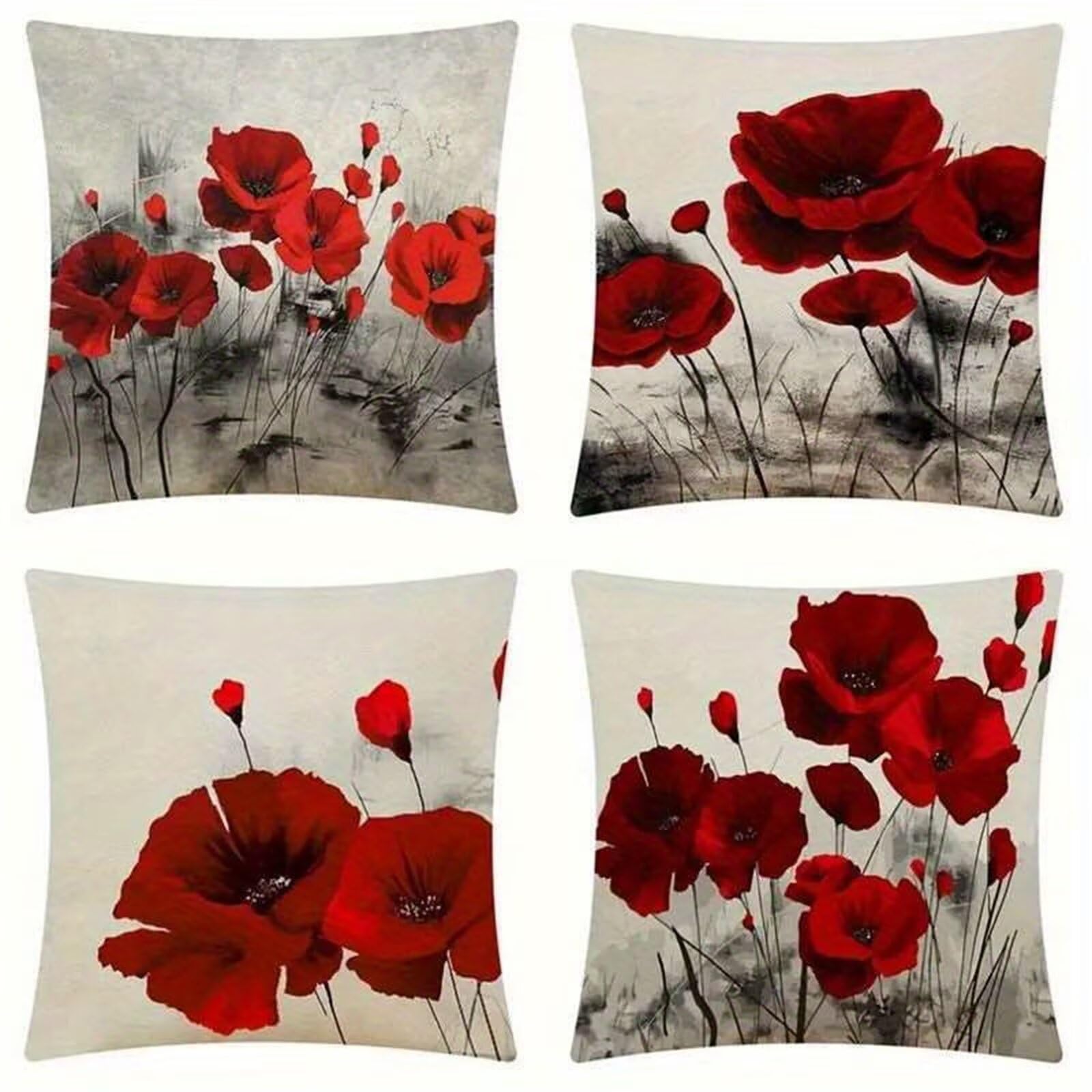Housses de coussin en lin fleurs rouges pour décoration de salon et chambre