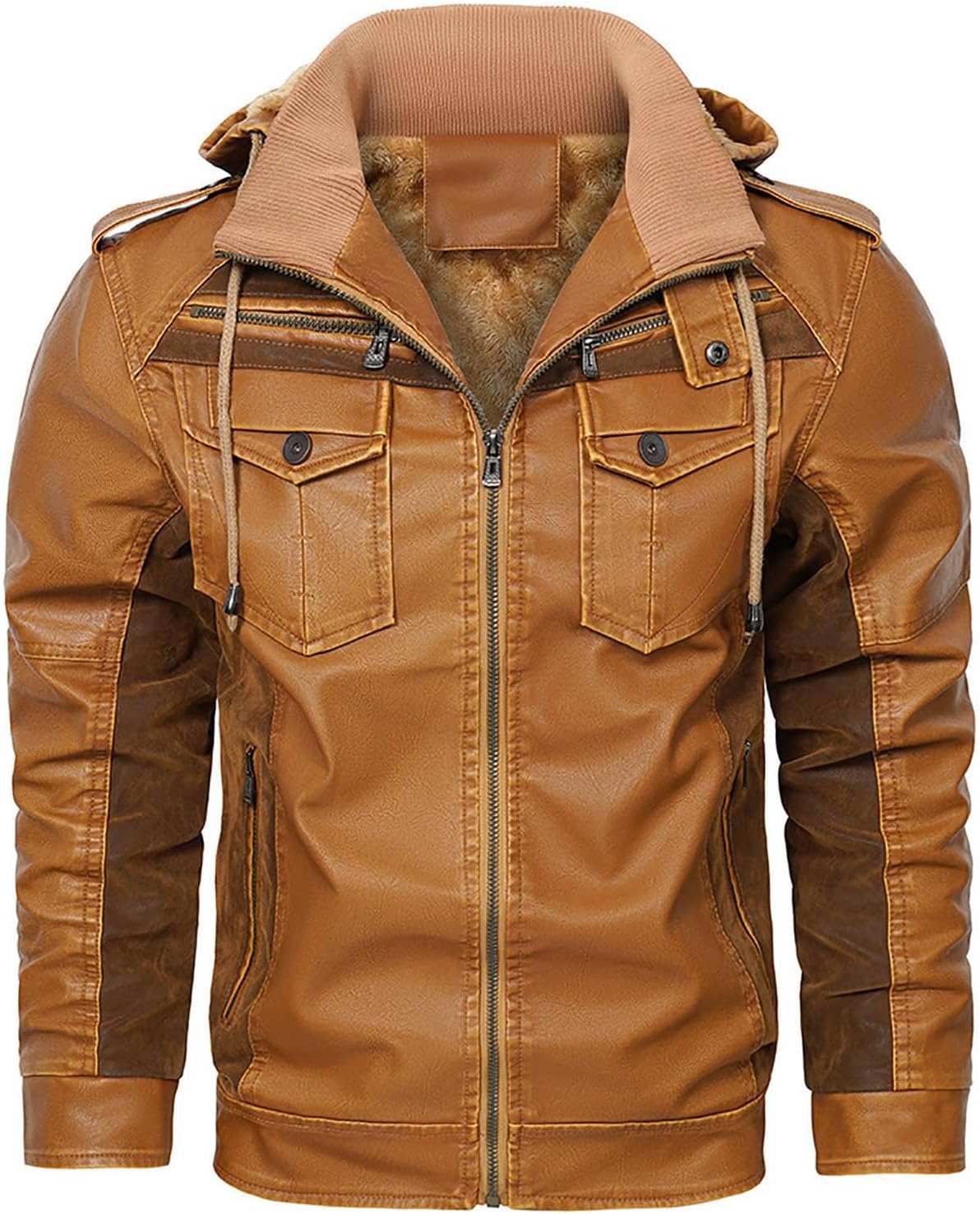 NATHGAM Mens Faux Leather Jacket Slim Fit Warm Fleece Lined Motorcycle Bomber Jackets Stand Collar Zipper Pocket Winter Coats
