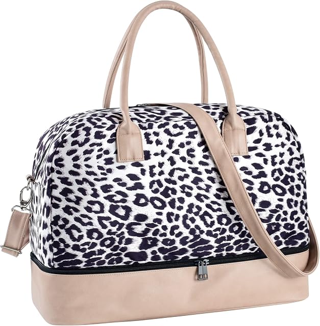 Castura Women Weekender Bag with PU Leather Shoulder Strap, Overnight Bags for Women with Shoe Compartment, White Leopard 20 Inches