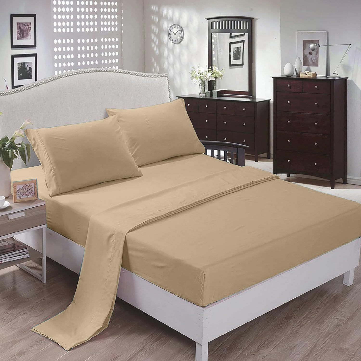 400 Thread Count 100% Cotton Sateen Bed Sheets Deep Pocket, Cotton Bedsheets Crisp Cool and Strong Bed Linen (Light Beige, Twin XL)