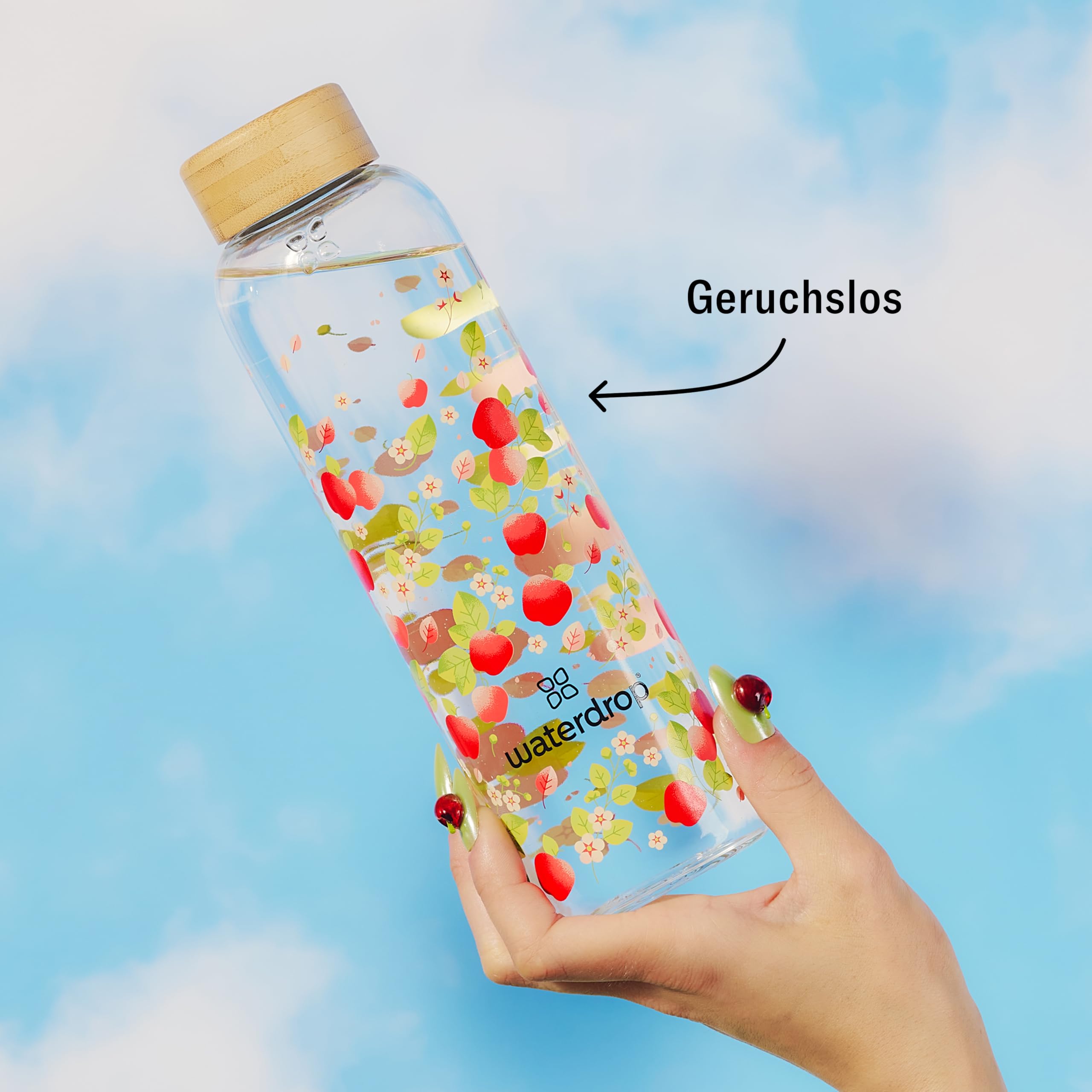 waterdrop® Flasche aus Glas 600ml - Trinkflasche Kohlensäure geeignet & spülmaschinenfest - auslaufsichere Wasserflasche mit Neoprenhülle - Borosilikat Glasflasche mit Schraubverschluss