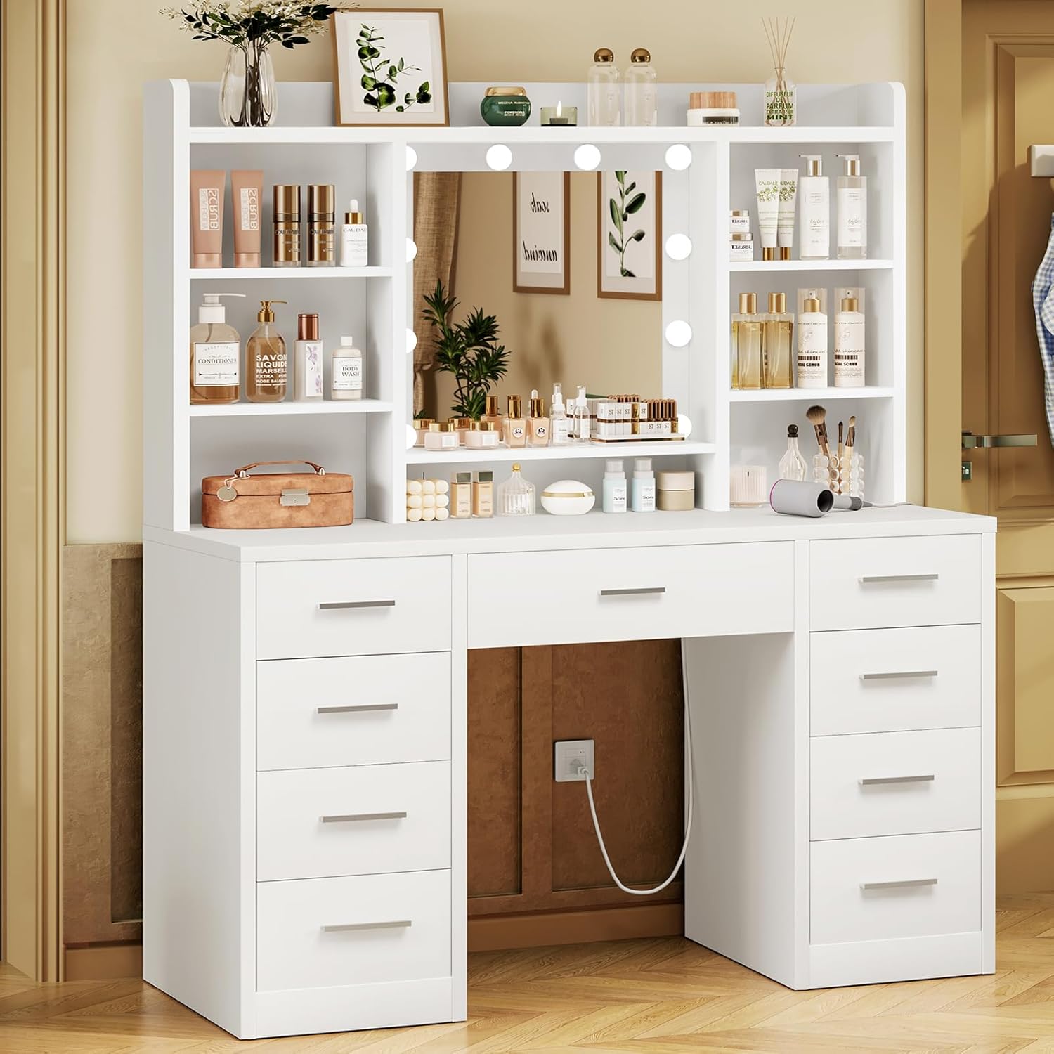 Vanity Desk with Mirror and Lights, Power Outlet, Makeup Vanity with 9 Drawers & 6 Open Storage Shelves, 3 Lighting Modes Brightness Adjustable, White