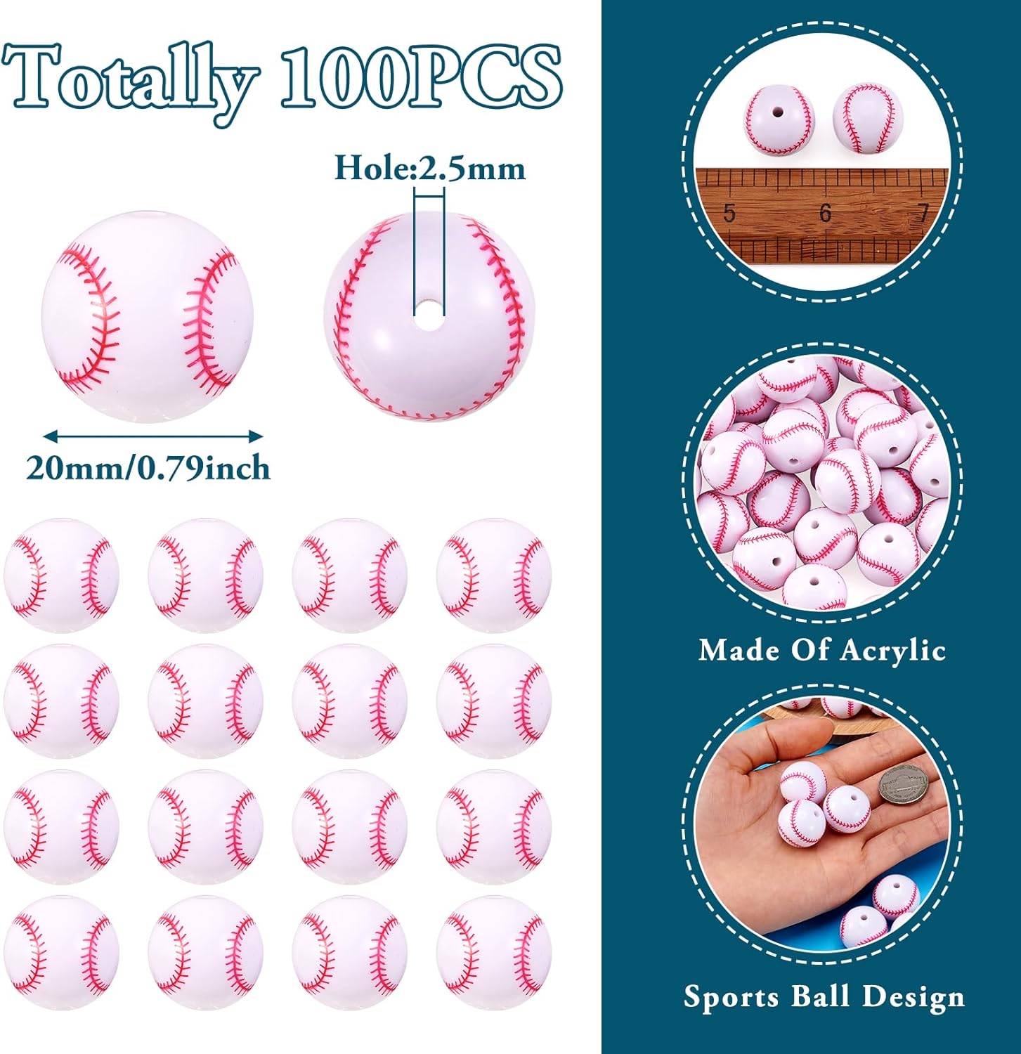 Crafans 100Pcs Acrylic Sport Ball Beads 20mm White Softball Baseball Beads Round Ball Beads Chunky Acrylic Loose Spacer Beads for Jewelry Making