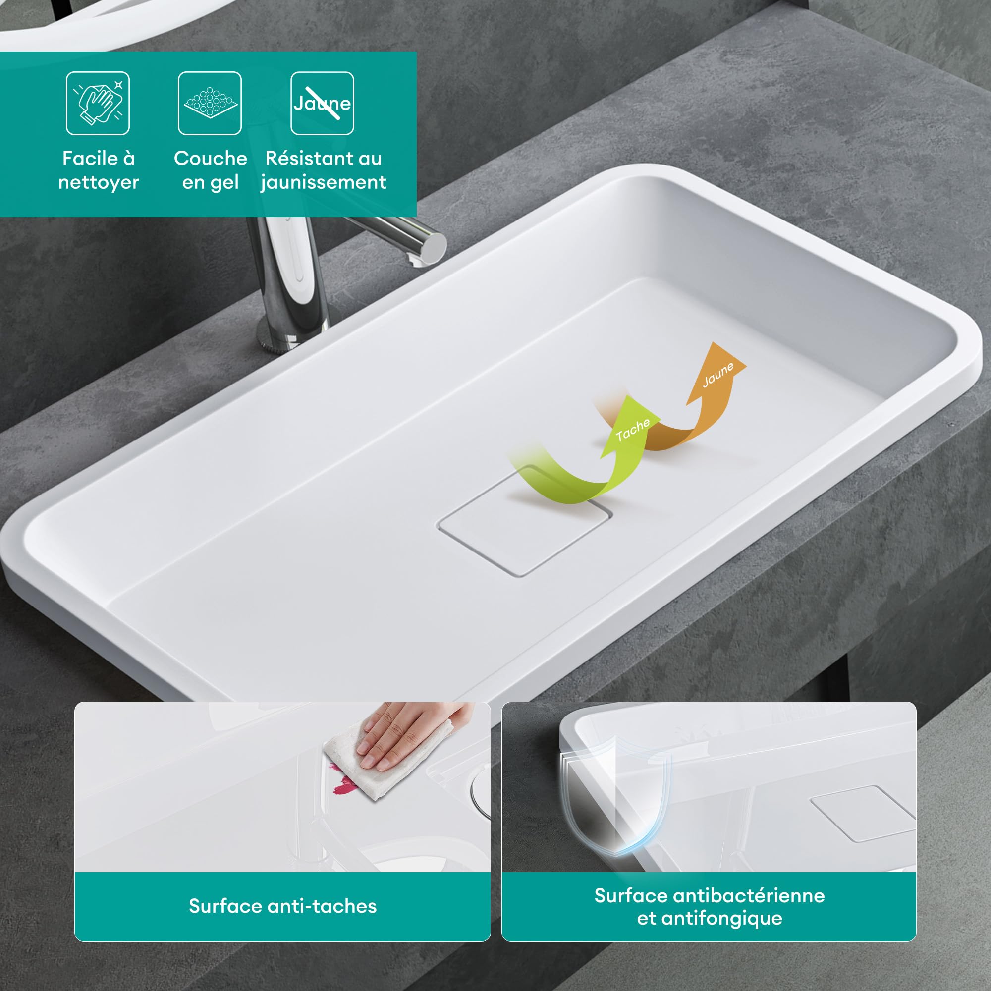 Mai & Mai Vasque à Encastrer Blanc Mat Rectangulaire 53cm Lavabo Salle de Bain Évier Lave Mains avec Cache Bonde Col104
