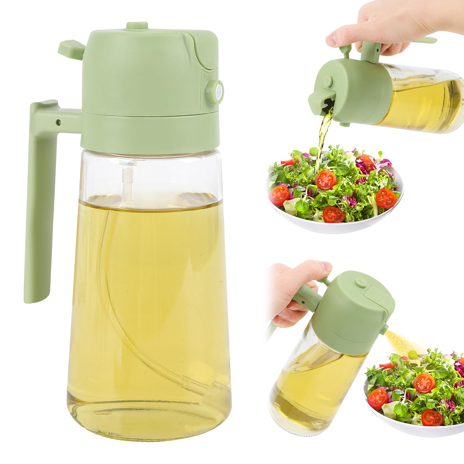 Dzmbv 2-in-1 Olive Oil Sprayer & Dispenser - 16oz/470ml Glass Kitchen Bottle with Spray/Pour Function, for Air Fryer, Salad, Frying, BBQ (green)