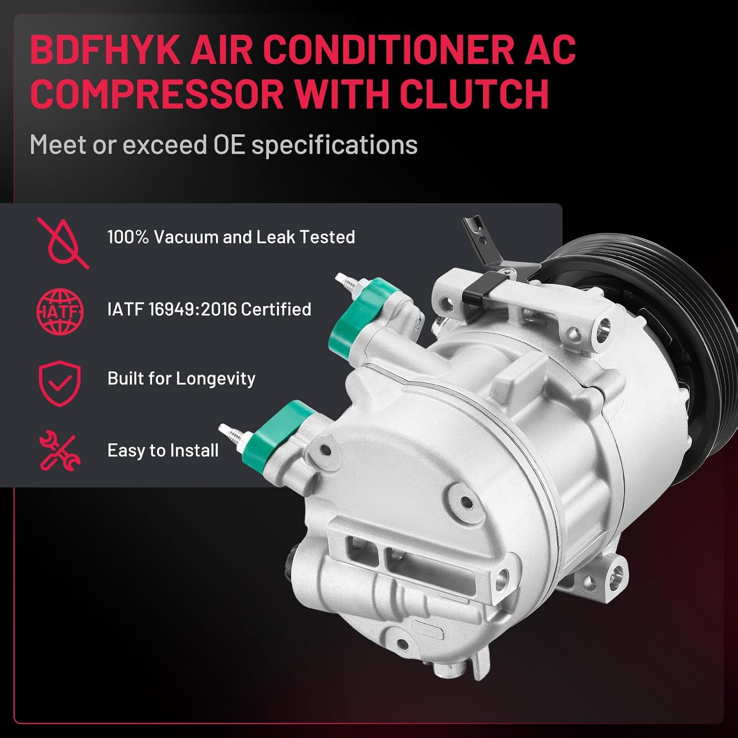 BDFHYK 197383 Air Conditioning A/C Compressor with Clutch Compatible with Hyundai Elantra 2014-2017, Compatible with Kia Forte, Forte Koup, Forte5 14-16, Soul 2014-2019, Replacement 198383