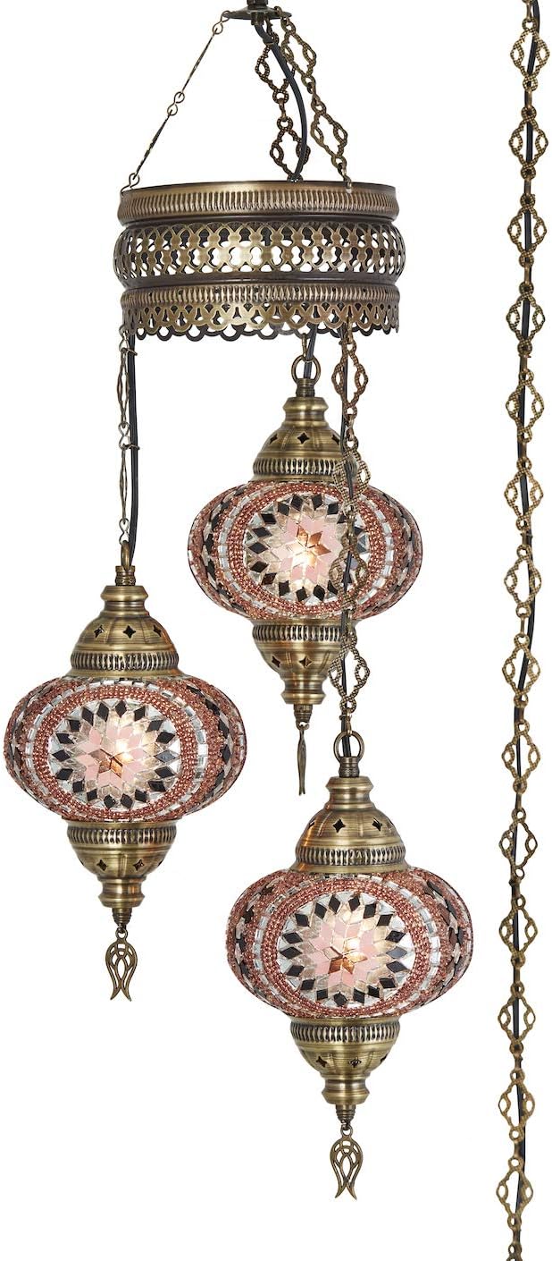 DEMMEX 3-Globe Turkish Mosaic Plug-in Chandelier, Handmade Moroccan Hanging Ceiling Lamp with 15-Foot Cord & Chain, Bohemian Decorative Pendant Light for Living Room, Bedroom, 3.5 ft (Purple-Lilac)