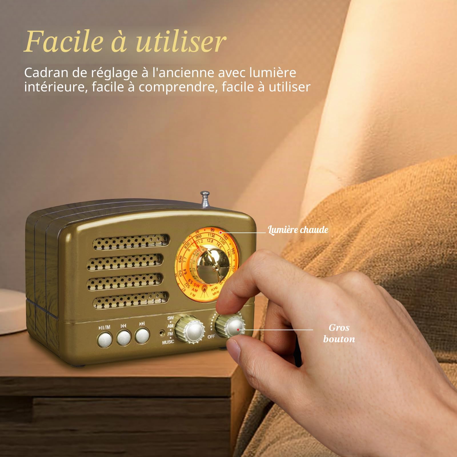 Poste Radio Portable, PRUNUS J-160 Radio Vintage Bluetooth avec Batterie Rechargeable 1800mAh, FM/AM (MW)/SW Bouton de Réglage Extra Large, TransistorRadio Prise en Charge de la Carte TF/USB (Gold)