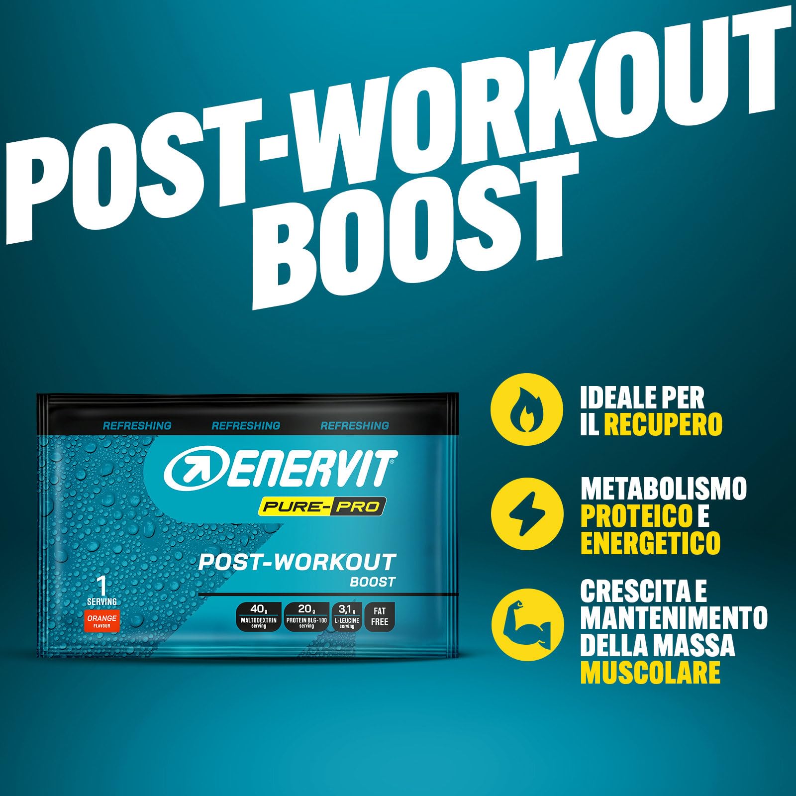 Enervit Pure-Pro Post Workout in Polvere di Maltodestrine Gusto Arancia, con Vitamina B6, Beta-Lattoglobulina del Latte e Aminoacidi Essenziali, 20g di Proteine, Senza Grassi, Buste 65g