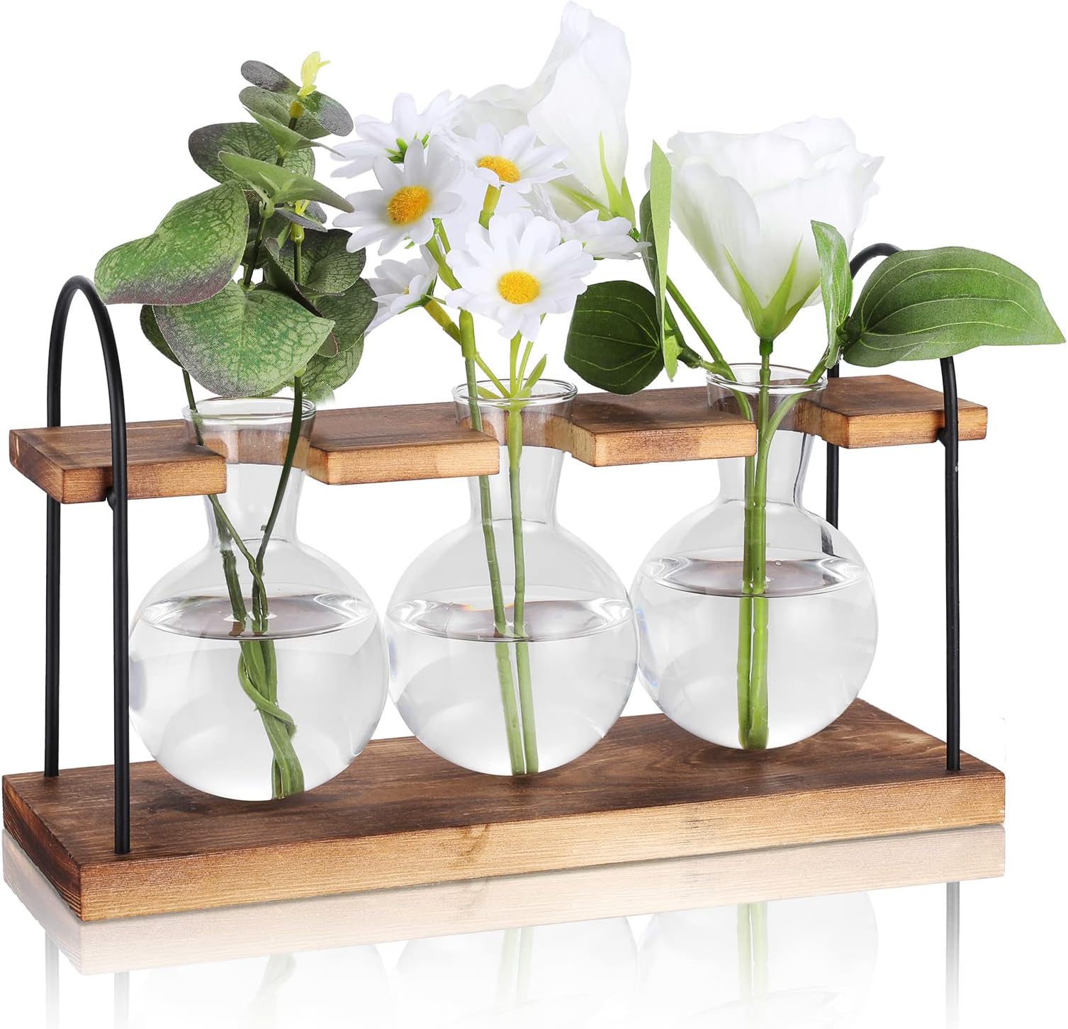 Plant Propagation Stations, Yuego Plant Terrarium with Wooden Stand Gifts for Women, Air Planter Bulb Glass Vase for Hydroponics Plants, House Office Decor for Women-3 Bulb Glass Vases