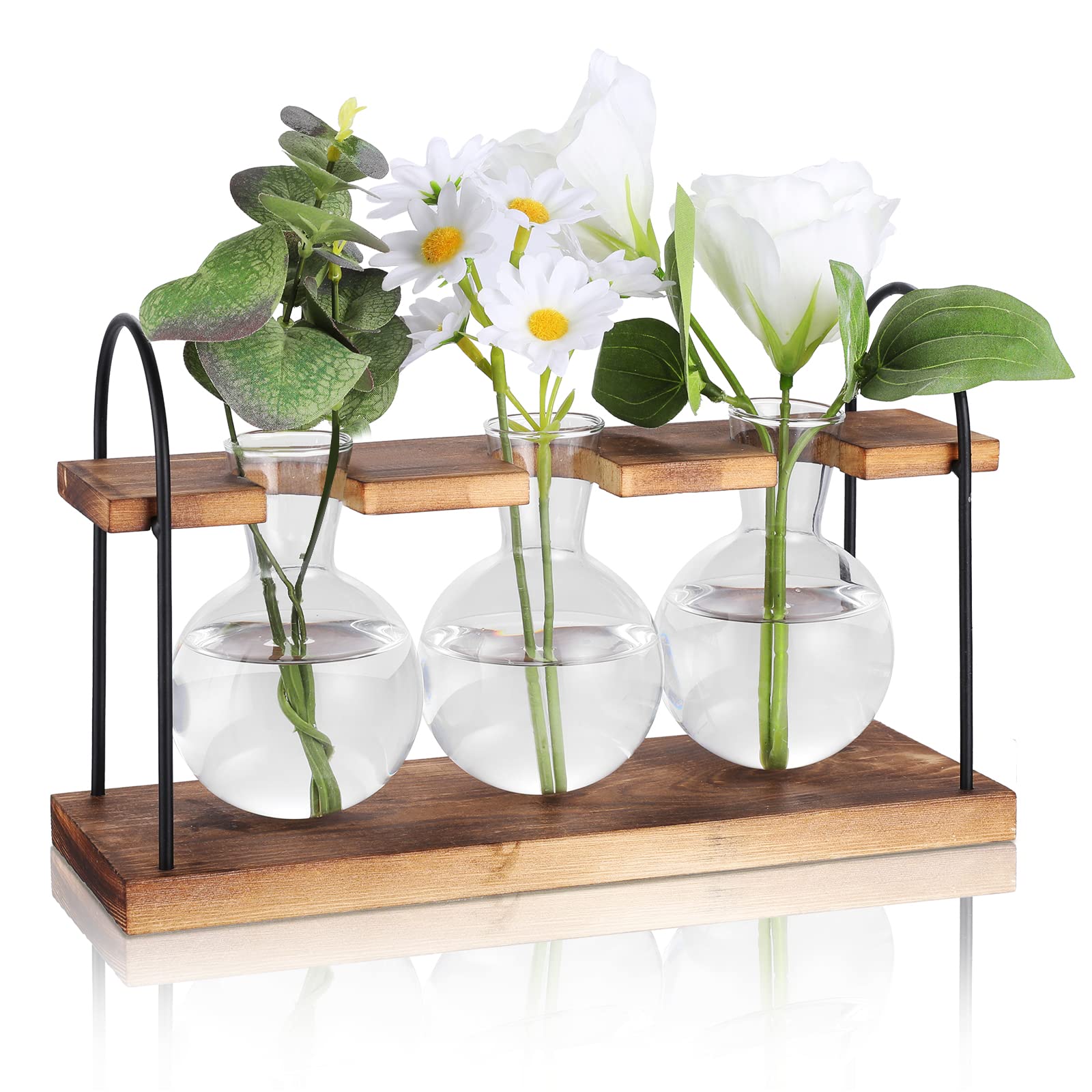 Plant Propagation Stations, Yuego Plant Terrarium with Wooden Stand Gifts for Women, Air Planter Bulb Glass Vase for Hydroponics Plants, House Office Decor for Women-3 Bulb Glass Vases