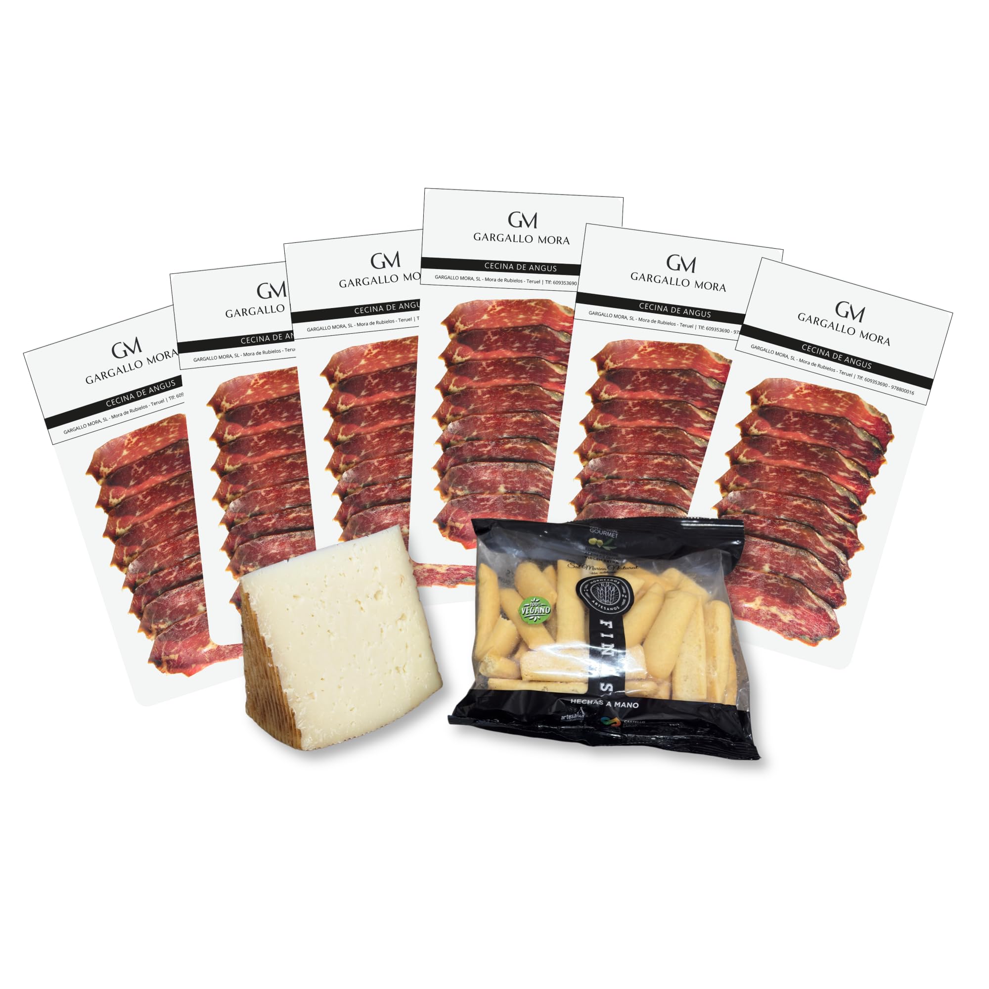 Cecina de Black Angus loncheada premium 6 x 80 gramos - taco de queso curado y rosquilletas picos de pan - cecina con maduración lenta y natural con sal marina - cesta gourmet