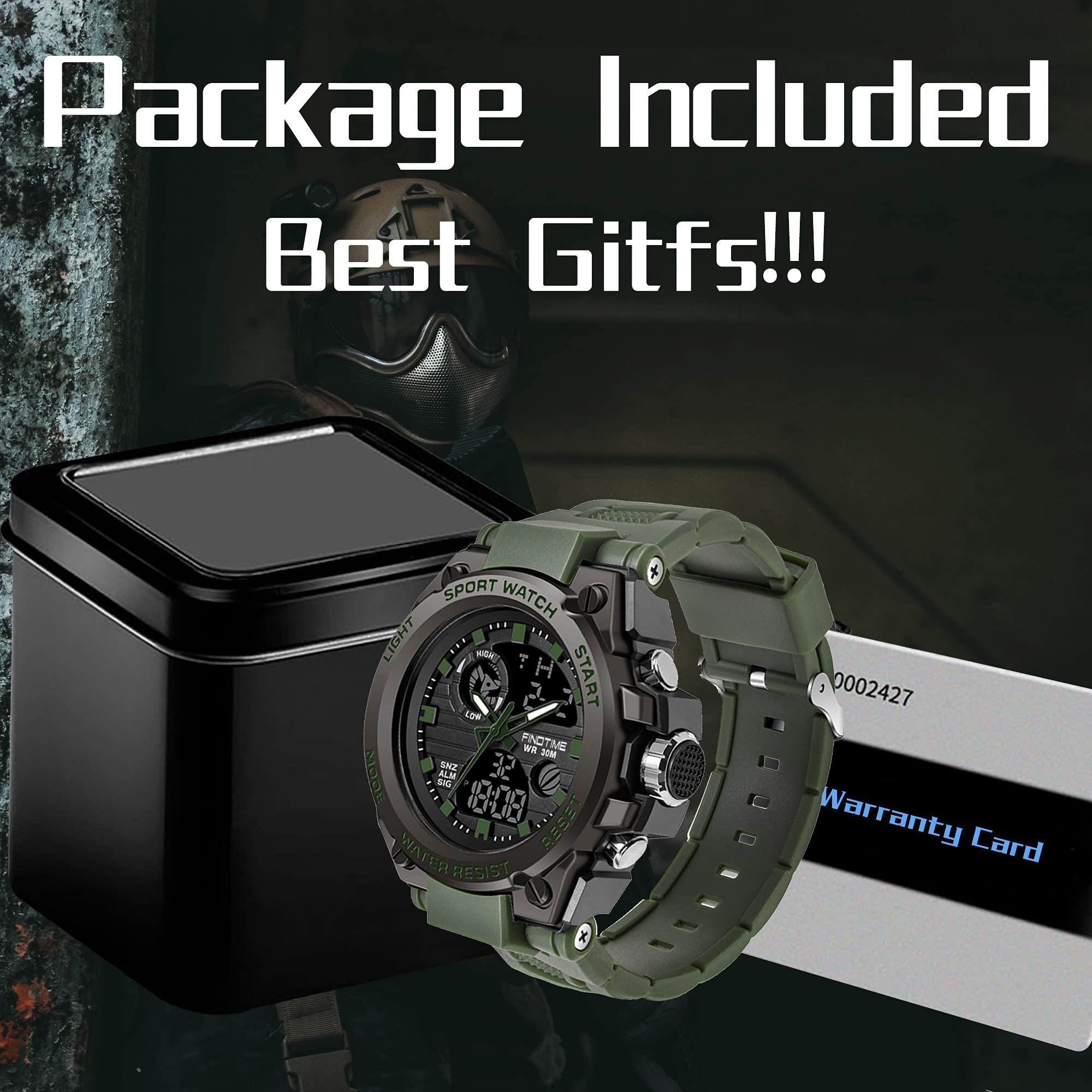 findtime Reloj deportivo para hombre, militar, para exteriores, reloj de pulsera grande, digital, analógico, dos zonas horarias, calendario LED, hombres y niños, verde, Correa