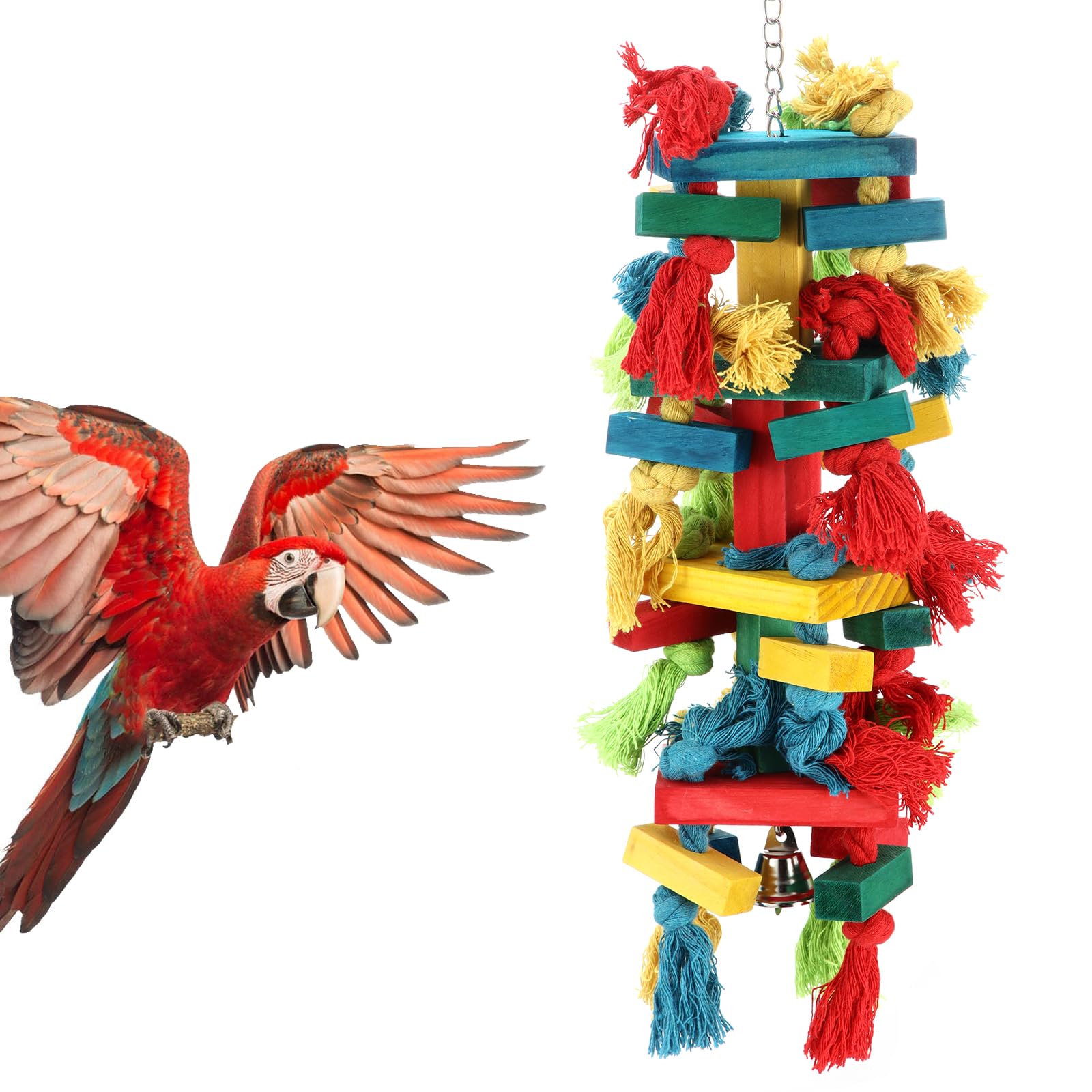 AQH Jouets pour Grands Oiseaux, Jouet Perroquet, pour Jouet Perruche en Bloc Bois Naturel pour perroquets Gris africains, aras, cacatoès, perroquets amazoniens et Autres perroquets de(Multicolor A)