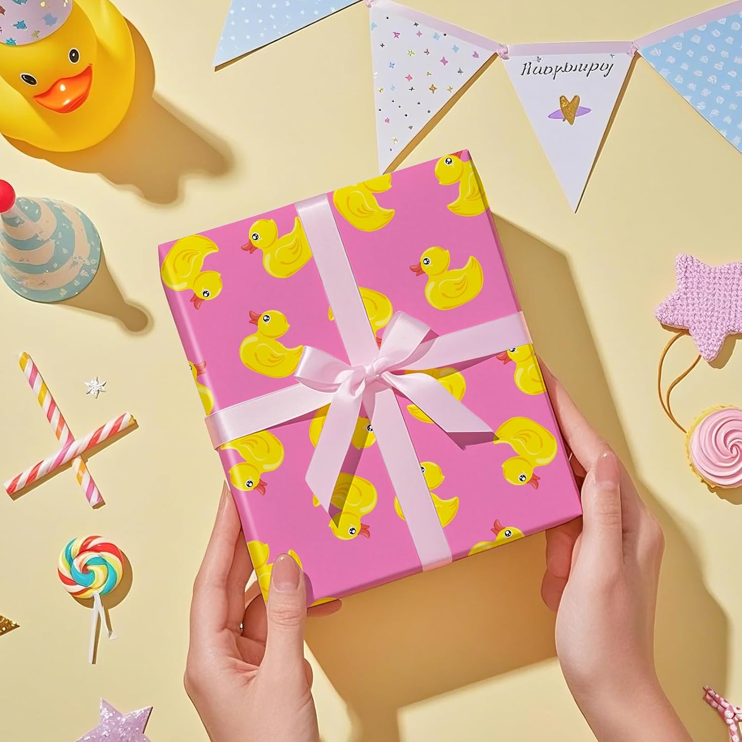 RUSPEPA Duck Wrapping Paper Roll for Kids, Mini Roll, Yellow Rubber Duck Pattern on Pink Background, Adorable Gift Wrap Paper for Baby Shower, Birthday, Summer-Theme Party, 17 Inches x 16.4 Feet