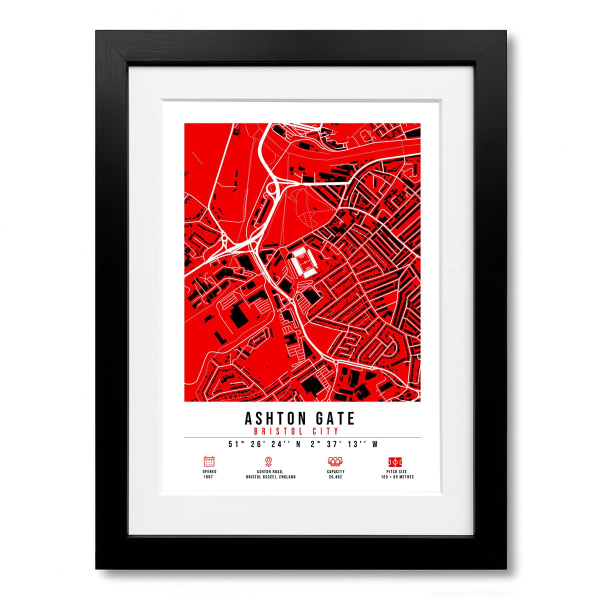 Mounted Gifts Trading A4 Black Framed & Mounted Ashton Gate Stadium Map Minimalist A4/A3 Poster Photo Print Framed Gift Bristol City (A4 Black Framed & Mounted)