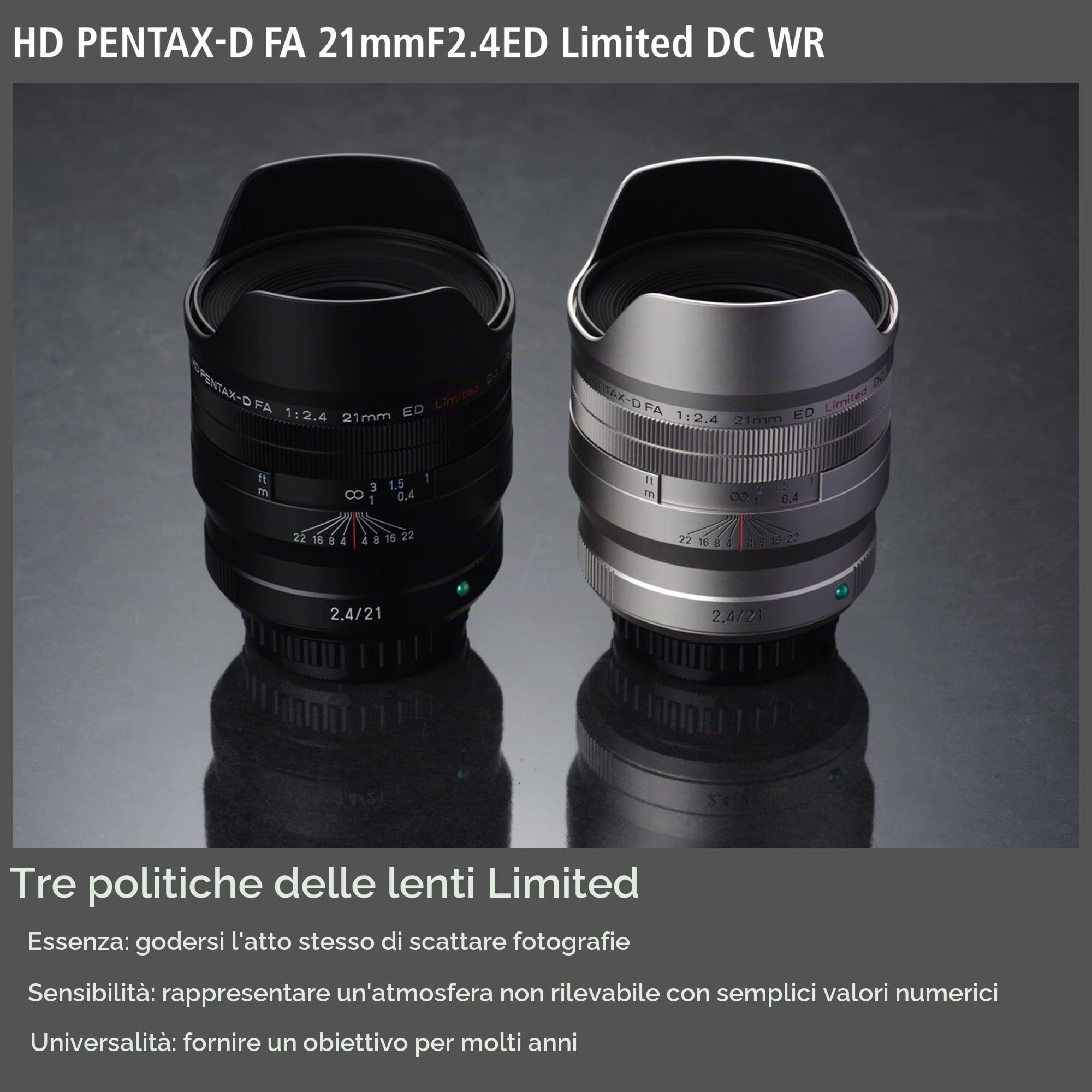 PENTAX HD D FA 21mmF2.4ED Limited DC WR Black grandangolare obiettivo primario, Per l'uso con full frame DSLR lenti limitate, barilotto obiettivo in alluminio lavorato, Nero