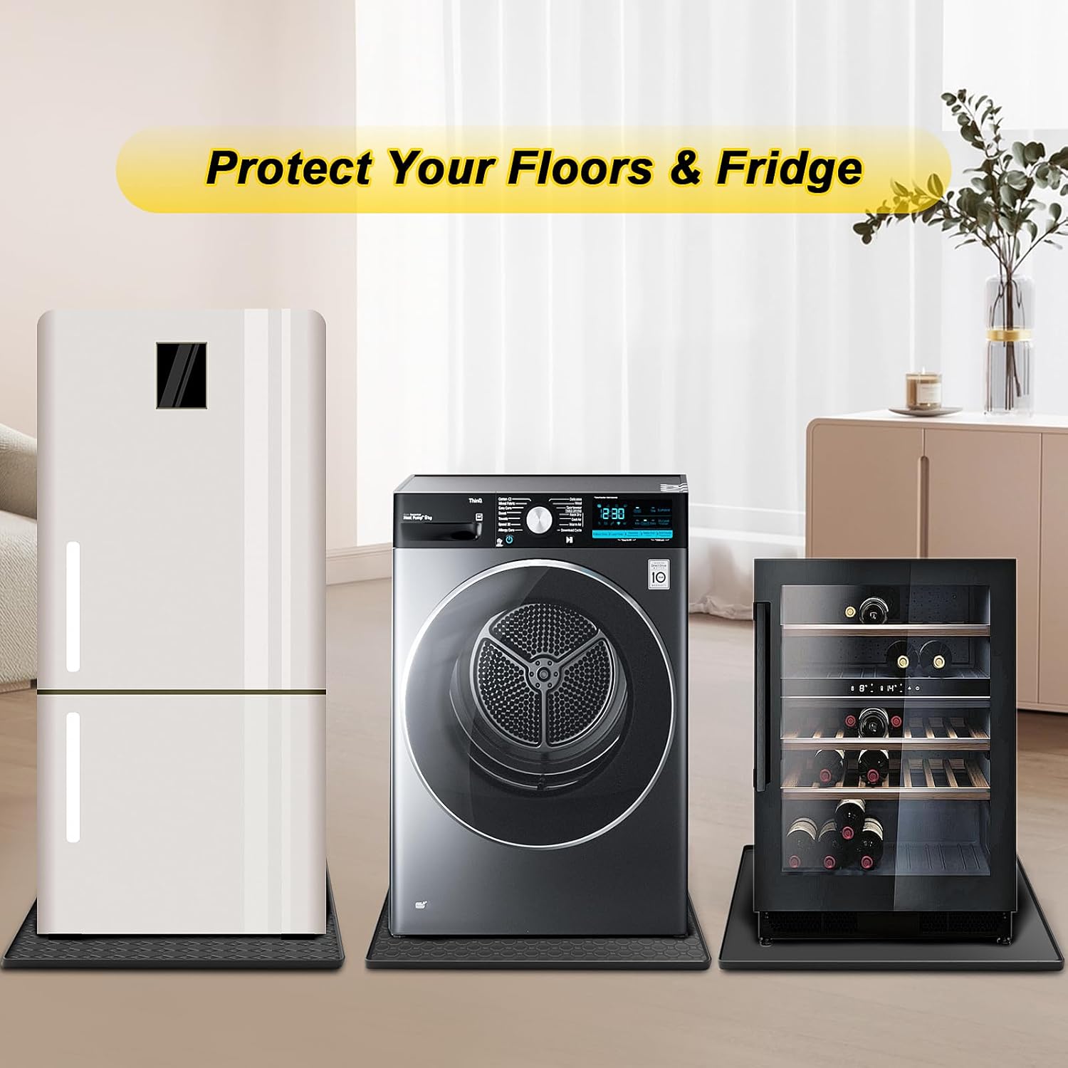 Mini Fridge Silicone Mat 23.6"x23.6"x0.4", Silicone Mat for Mini Fridge Non-Slip Drip Pan, Diamond Pattern Appliance Protector for Refrigerators, Washers, Dryers (Black)