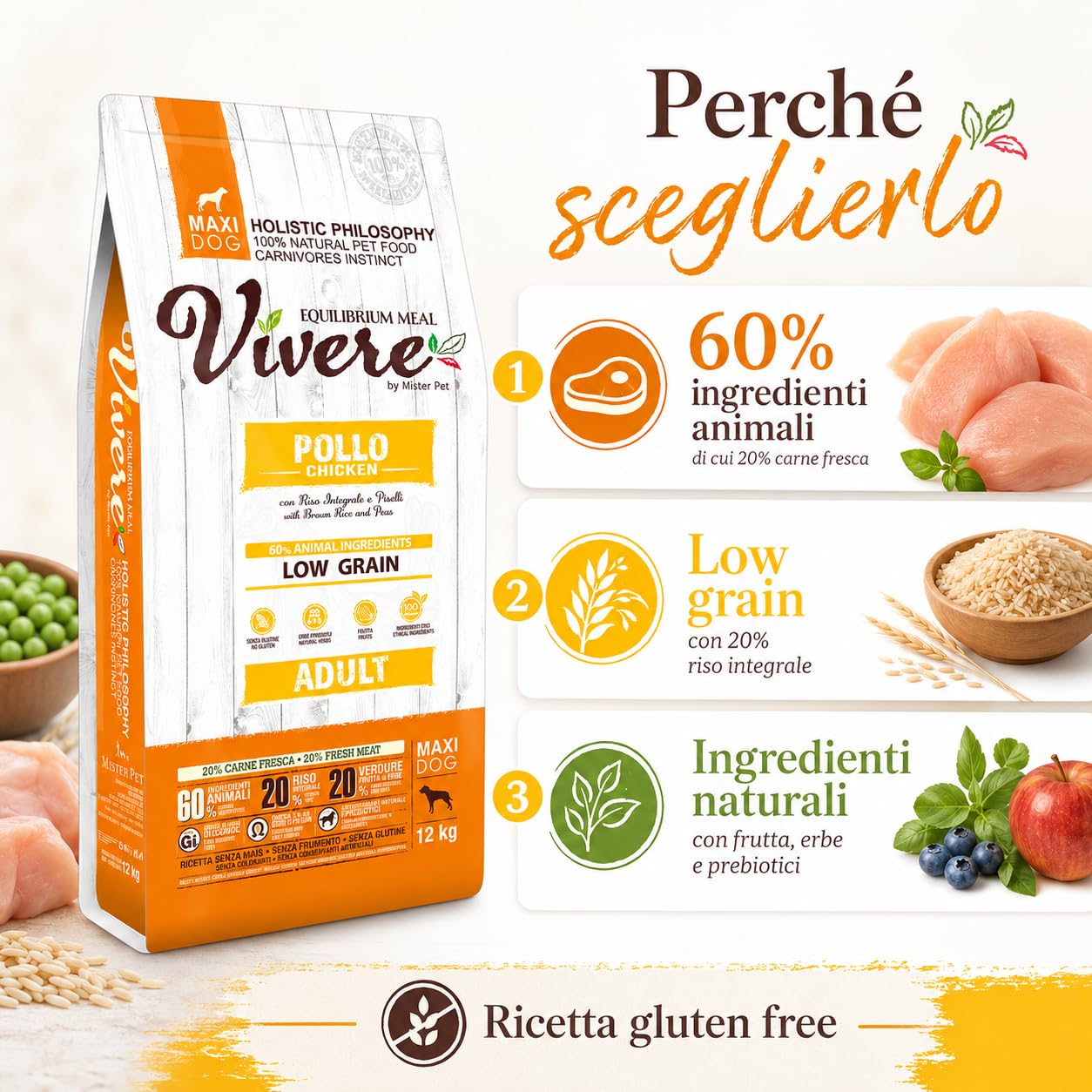 Vivere Adult Maxi Crocchette Cane Adulto con Pollo, Mangime Secco Low Grain Gluten Free per Cani Taglia Grande, Alimento Completo con Omega 3, Prebiotici, Frutta ed Erbe, 12 kg
