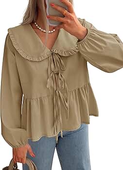 ZESICA Women's Tie Front Peplum Tops Long Puff Sleeve Lapel
