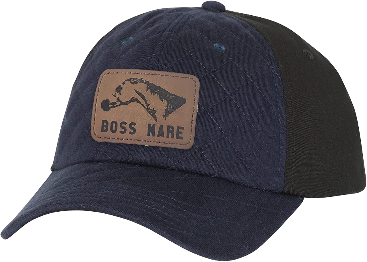 The Boss Mare Quilted Front Hat with Embossed Leather Patch - Womens Equestrian Baseball Cap Navy Blue Gray Horse Gift
