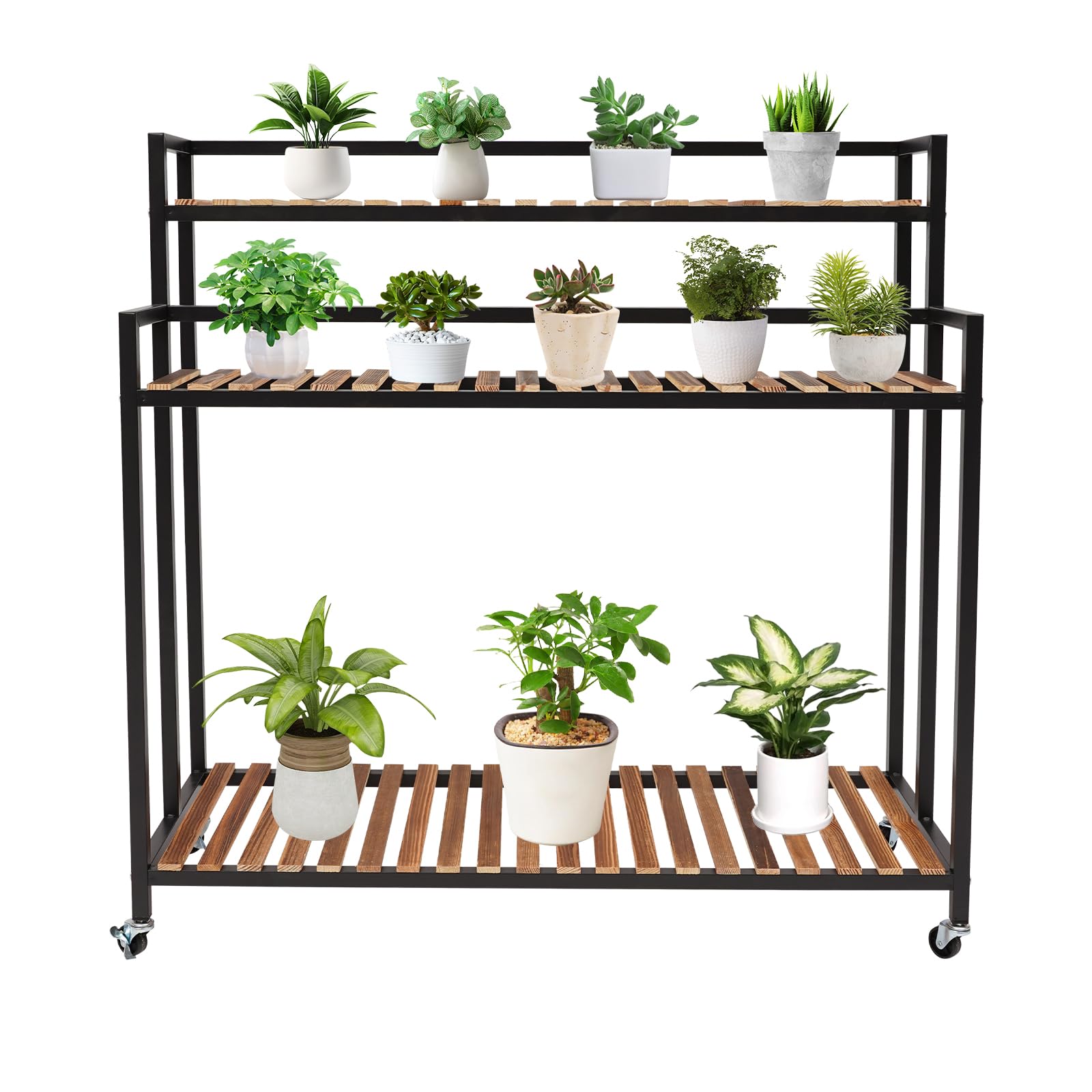 3-Stufige Blumentreppe, Blumenregal mit Rädern, Pflanzentreppe aus Edelstahl und Kiefernholz Platten, Bewegliches Blumenständer Pflanzenständer für Outdoor Indoor, 100x40x102 cm (Schwarz)
