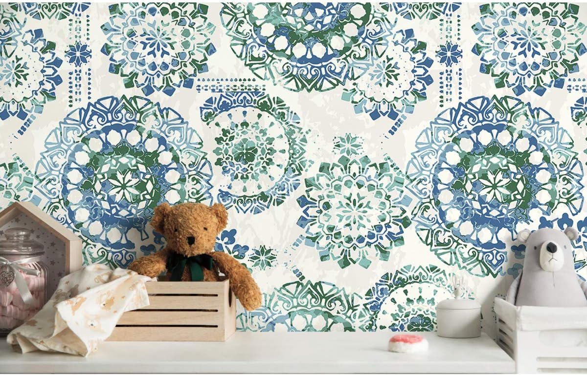 RoomMates RMK11726WP Blue and Green Bohemian Medallion Peel and Stick Wallpaper, Roll, Blue/Green