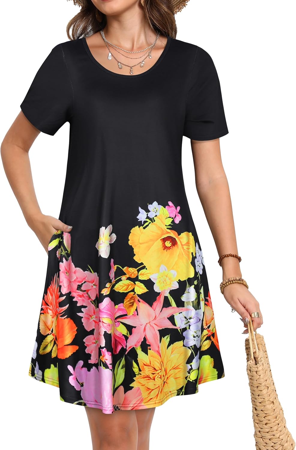 Summer Dresses for Women Casual Short Sleeve Sundress Scoop Neck Beach T Shirt Dress with Pockets - Image 3