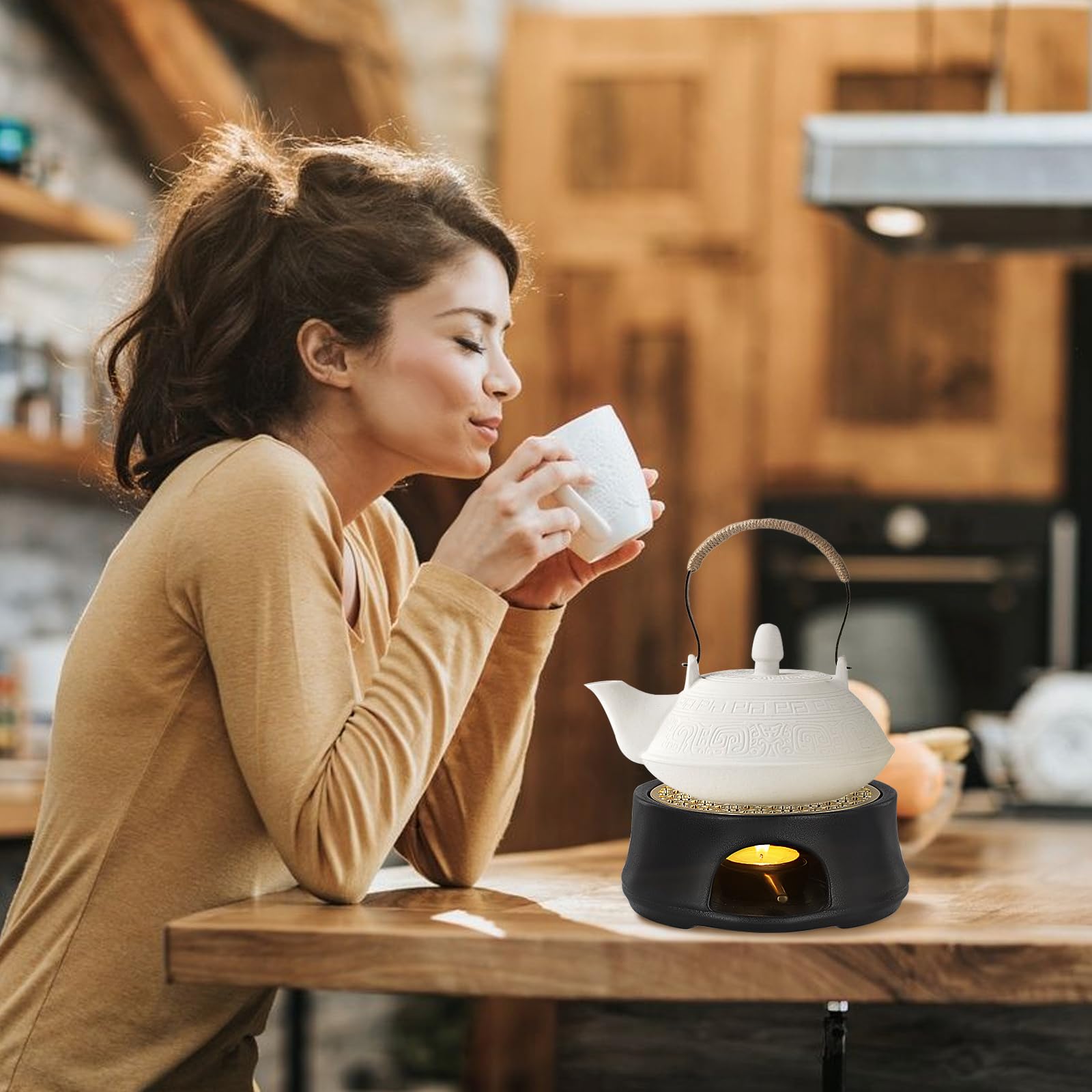 Scalda Teiera In Ceramica Con Portacandela - Scaldino Per Tè E Caffè Con Design Scolpito - Foto 4