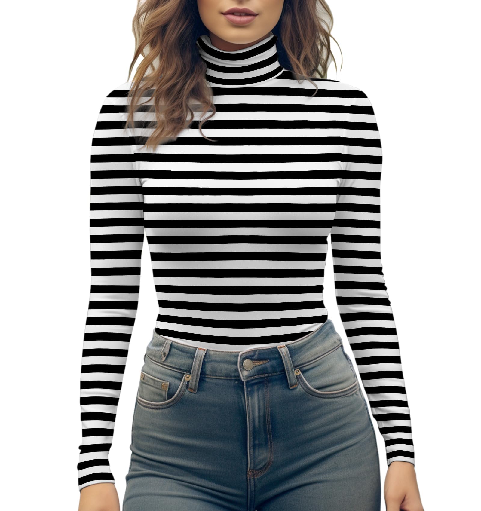 Women's Turtleneck Long Sleeve Top, Striped High Neck Shirt Baselayer Ribbed Stripes Slim Fitted Tee Stretchy-image-4