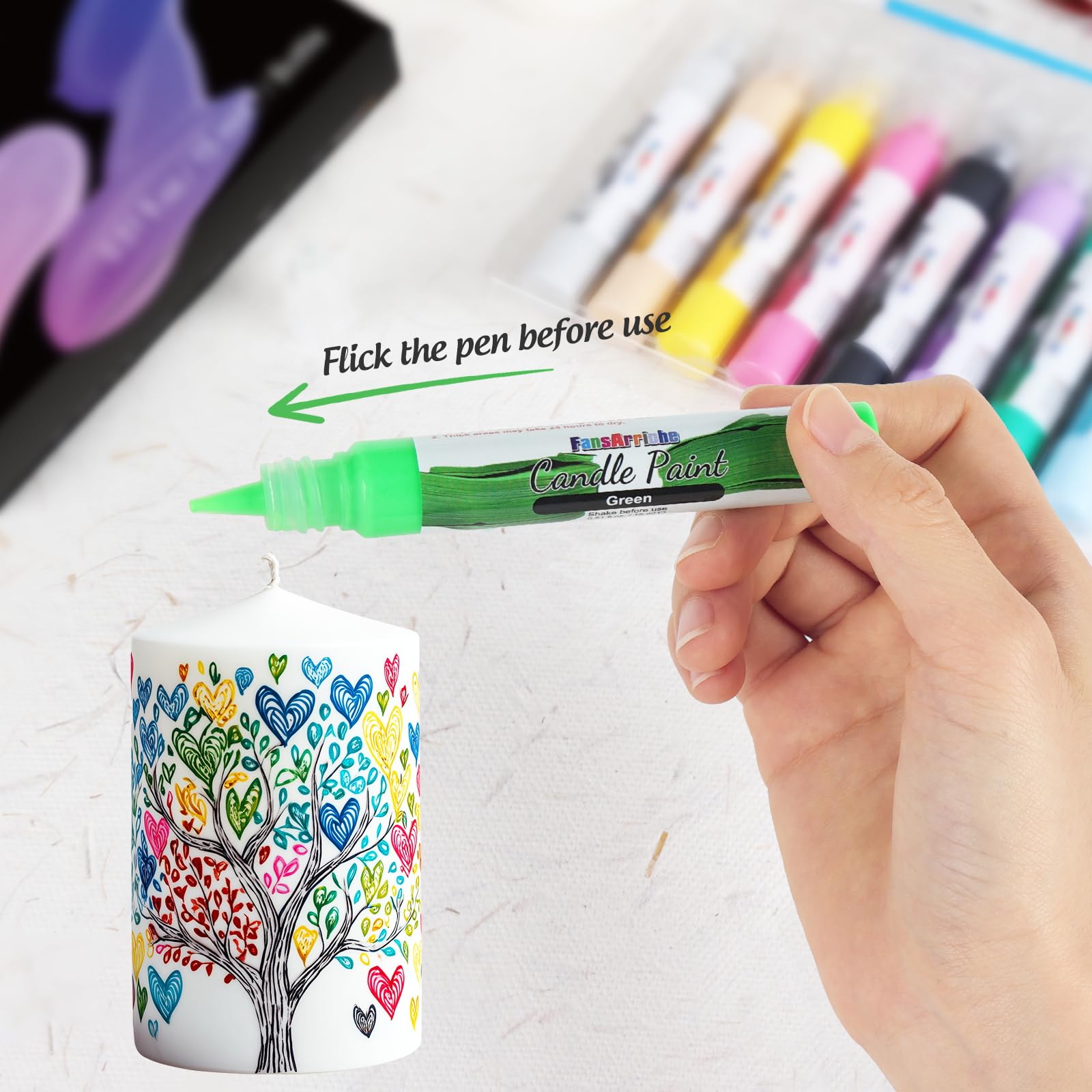 FansArriche Candle Paint, 20 x 15 ml Candle Wax Pen Set for Candle Making, Water-Based Candle Pen for Candle Painting and Decorating with Fine Painting Tip