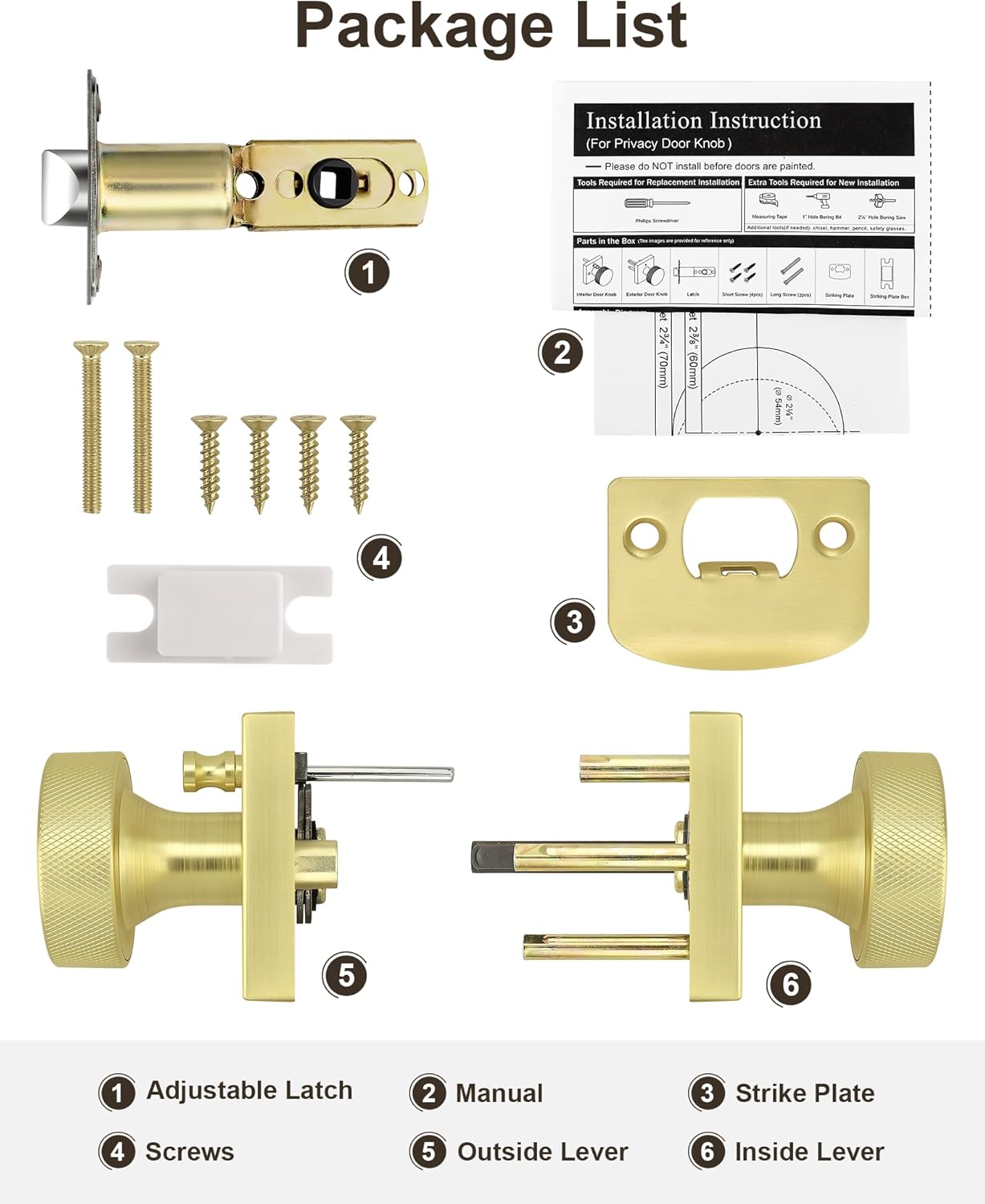 Probrico Privacy Door Knobs,Brushed Gold Interior Door Knobs with Square Rosette,Gold Keyless Bed and Bathroom Round Antique Door Knob with Lock 1Pack