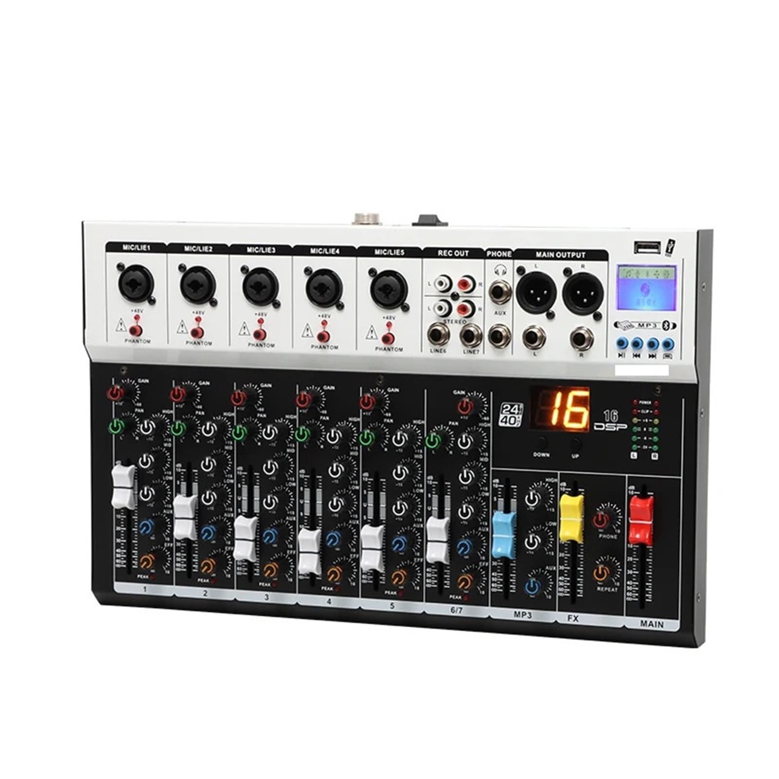 Mixing Console Interface Bluetooth USB Record PC 48V Phantom Power Delay Repaeat Effect 7 Channels DJ Sound Mixer