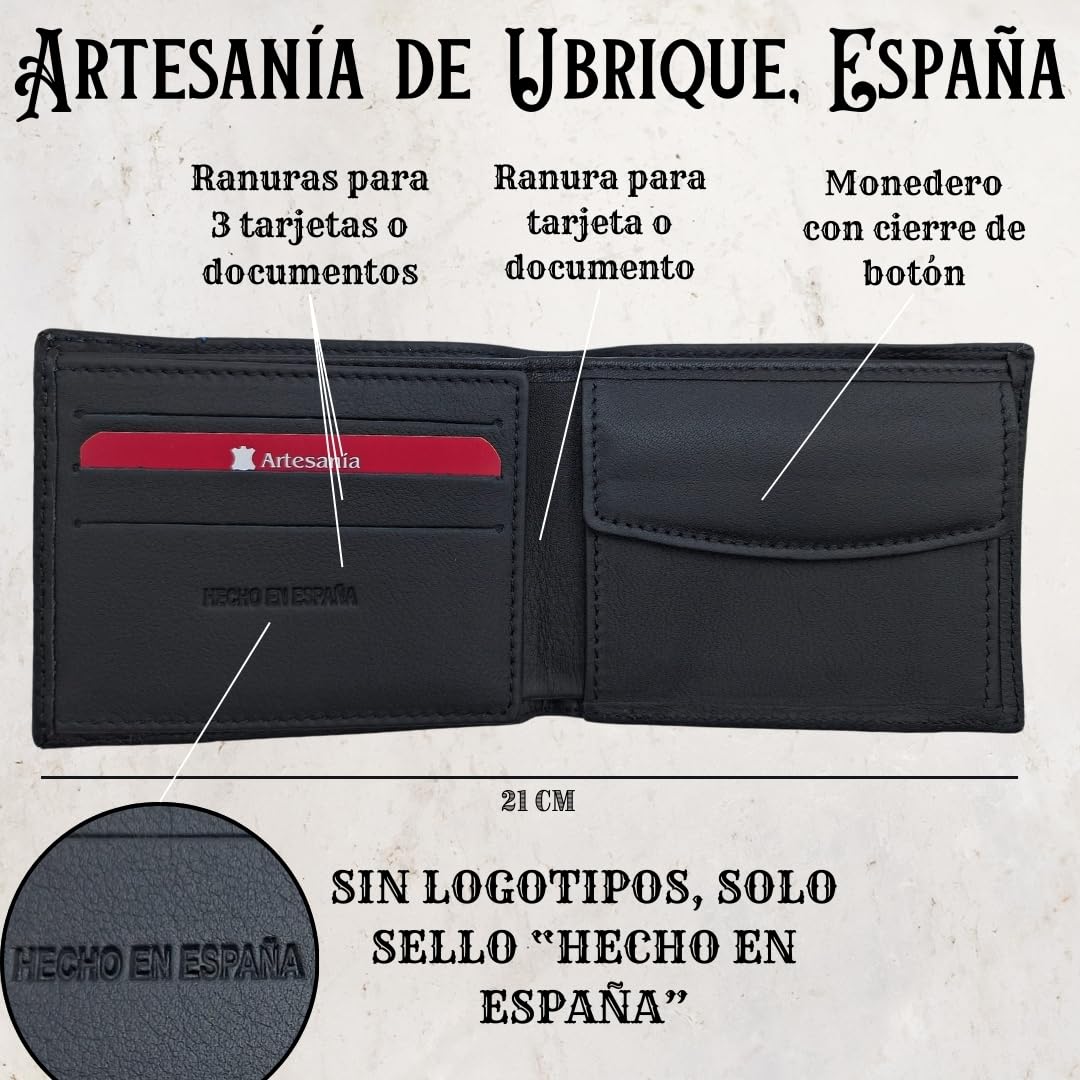 Cartera de Piel para Hombre Hecha artesanalmente en Ubrique Hombres y jóvenes, Incluye Llavero y Pulsera de temática española. (76 Negro Tira Grabado Hilo Azul)