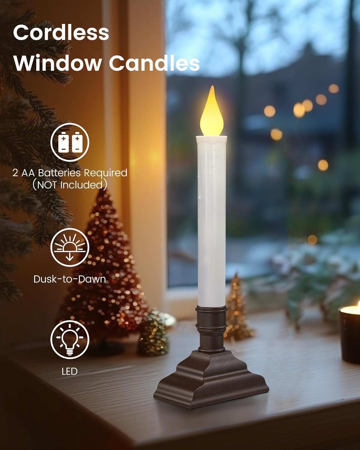 suraielec 4 pack battery operated window candles, dusk-to-dawn flameless flickering candles, 3000k led window candle with rustic brown holder, christmas candle lights for windows, mantel, dining table 7'' candle brown