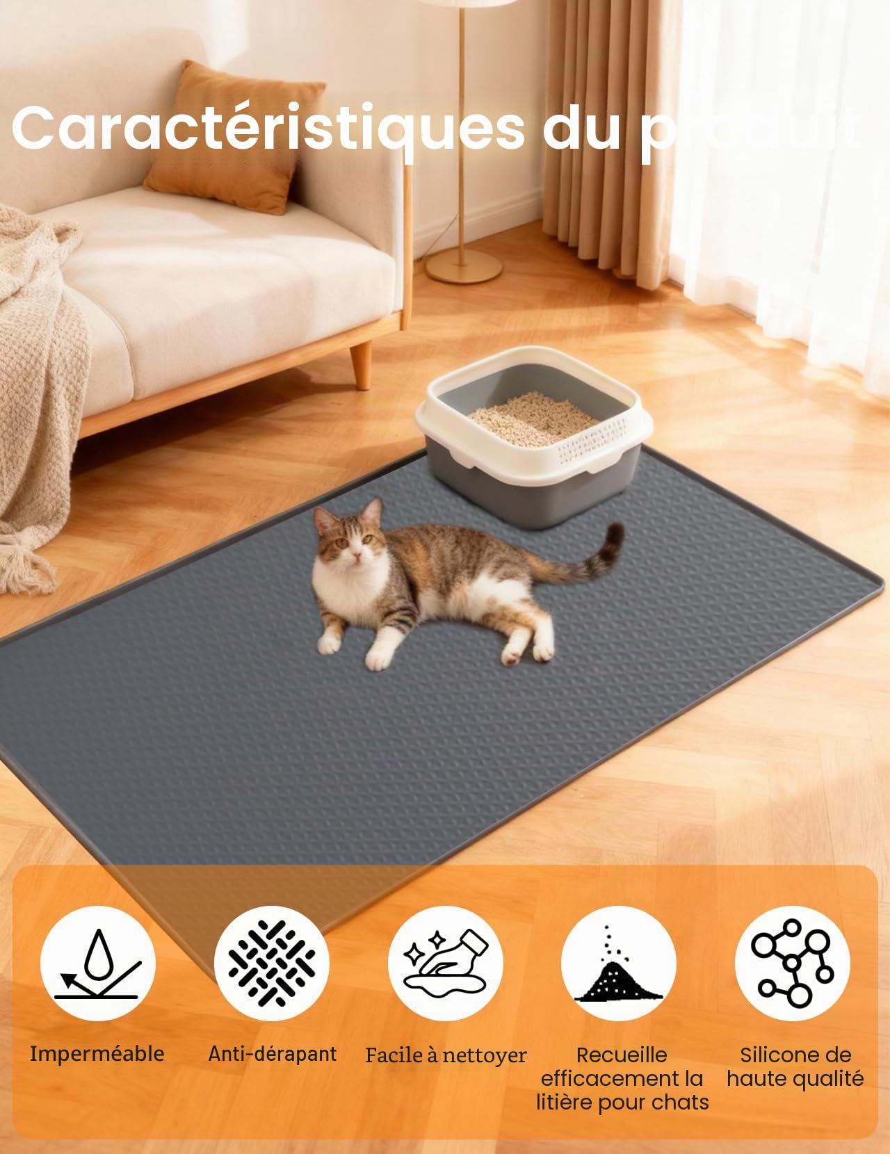Tapis Litiere Chat 130x65cm, XXL litière pour Chat en Silicone, Tapis de Litiere Alvéolée, Impermeabile e Resistente all'urina, Facile da Pulire, con Bordi Rialzati per Ciotola e Lettiera